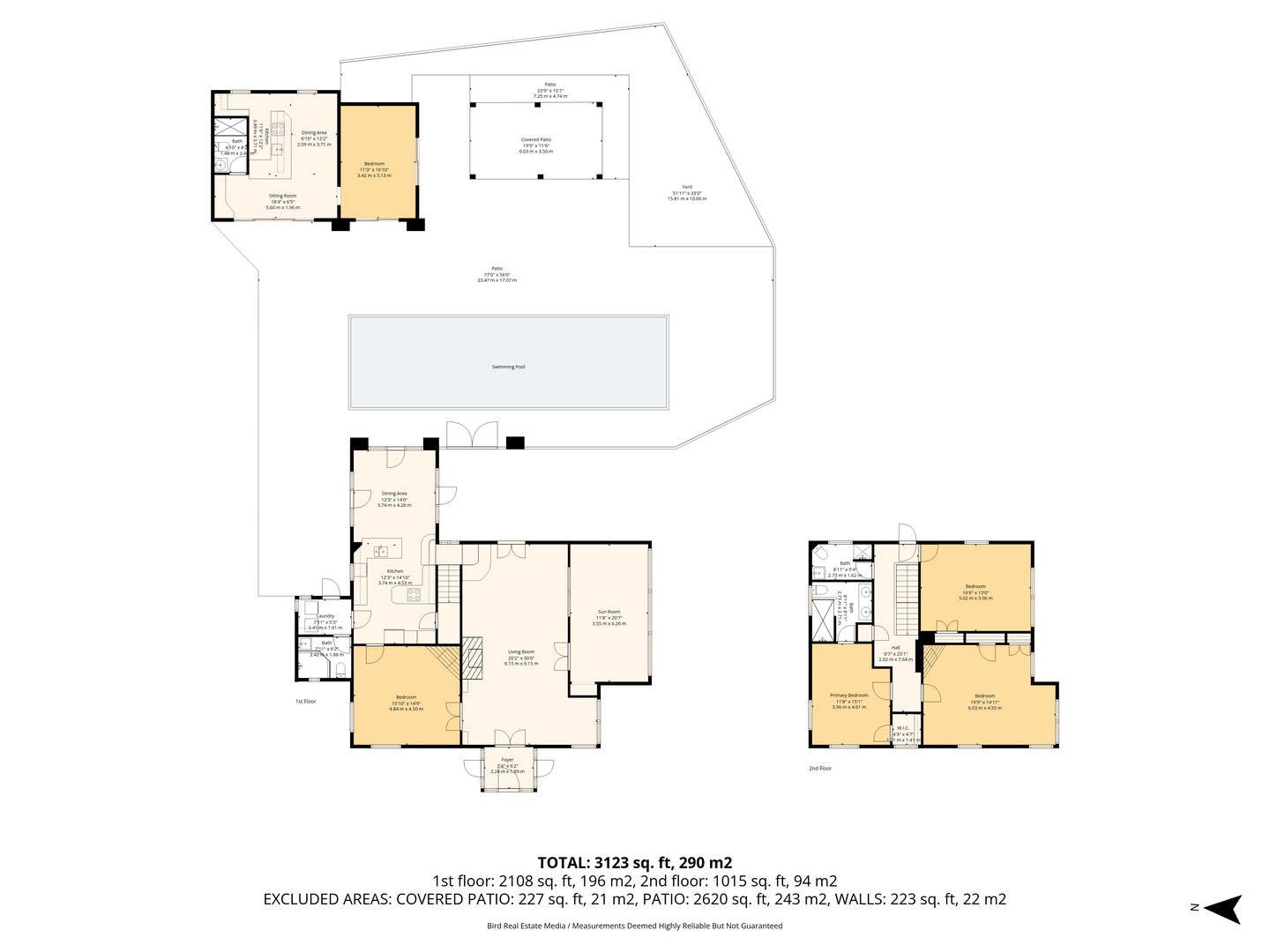 Detailed floor plan showcasing spacious multi-level layout with swimming pool, covered patio, and well-appointed living spaces.