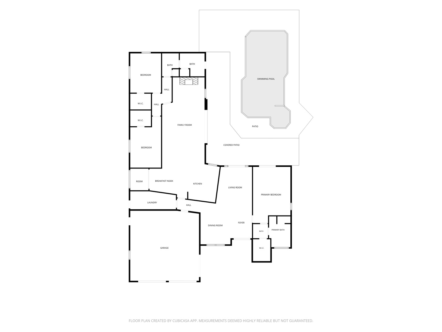 Spacious floor plan showing bedrooms, living areas, full kitchen, garage, and outdoor swimming pool with patio for your vacation enjoyment.