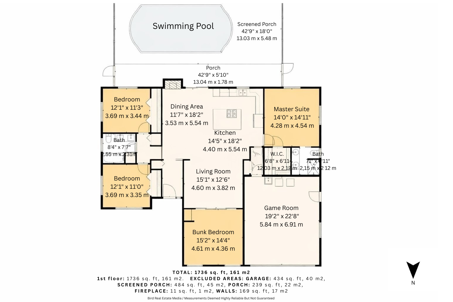 This detailed floor plan shows your spacious vacation home layout with four bedrooms, game room, and private pool area.