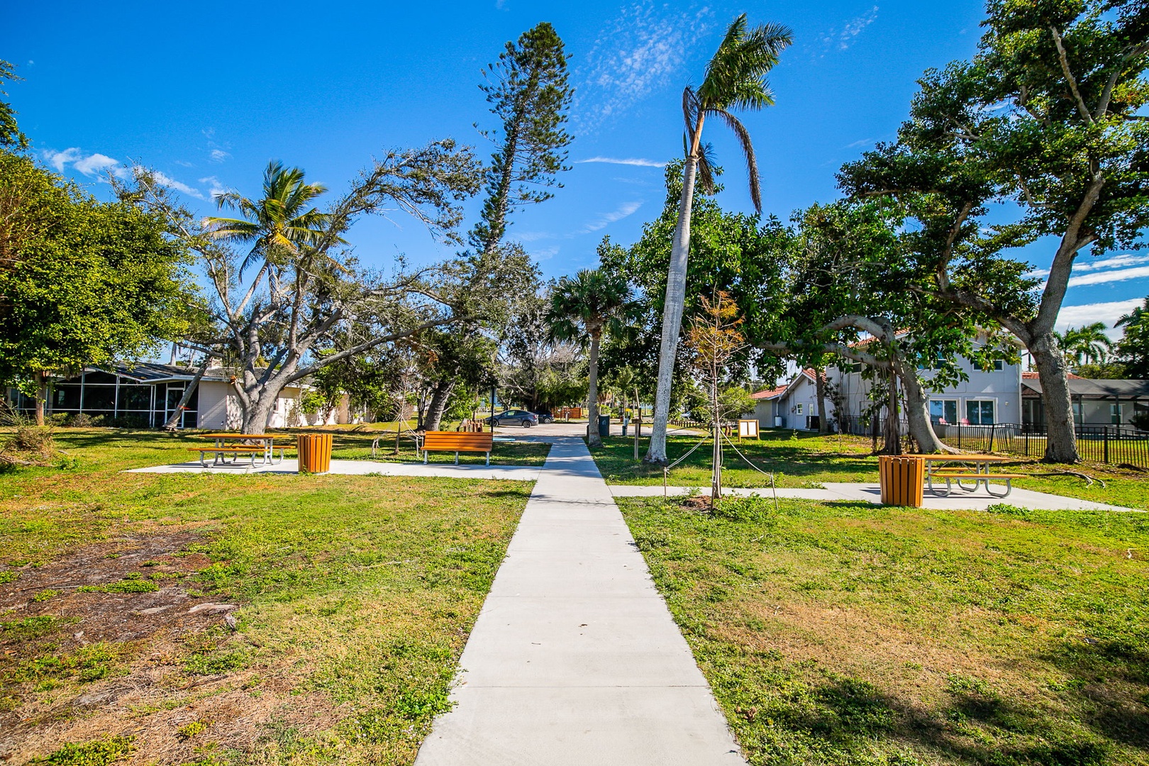 Tropical park with palm trees and green spaces provides a peaceful neighborhood setting near residential homes.