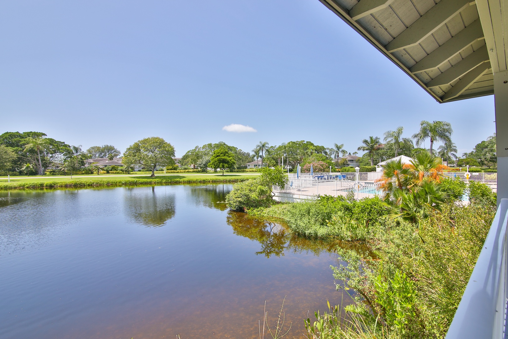 The property overlooks a tranquil pond surrounded by lush greenery and mature trees, with a gated pool area and palm-lined neighborhood visible in the distance.