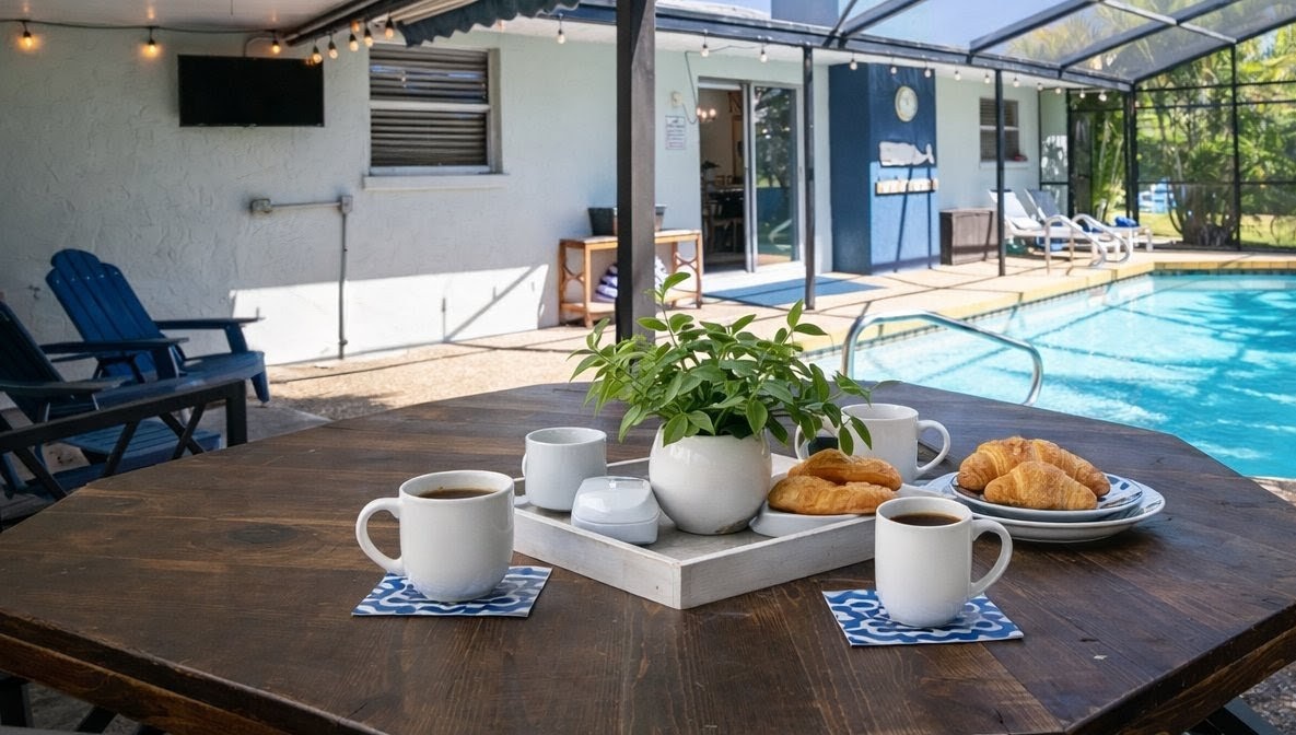 Savor your morning coffee and pastries at this charming poolside dining table, where your perfect vacation breakfast awaits.