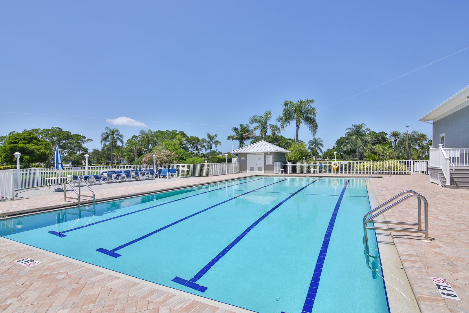 A spacious lap pool surrounded by palm trees and tropical greenery provides a peaceful outdoor setting for exercise and relaxation.