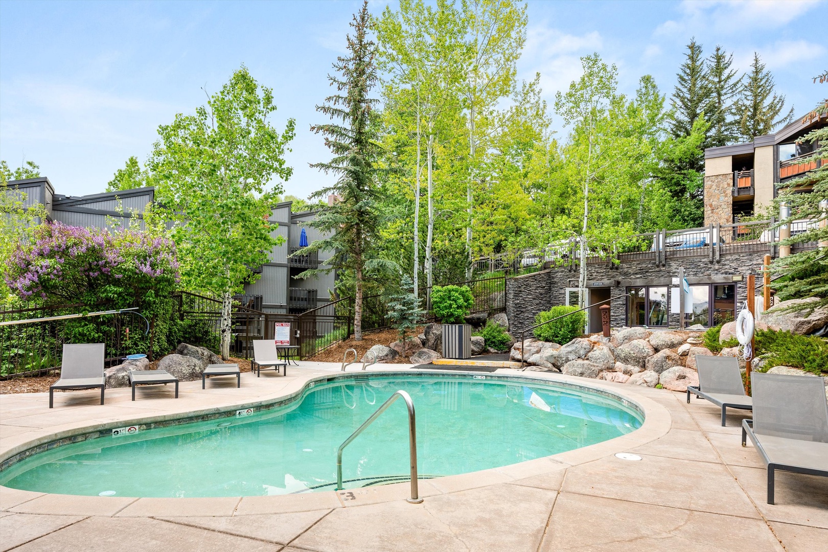 Soak up mountain resort vibes in this pristine pool surrounded by natural stone and lush evergreens.