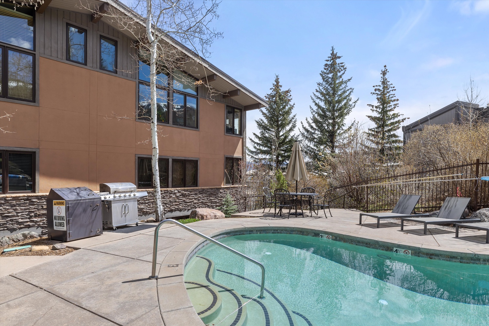 Modern vacation rental with outdoor pool, BBQ area, and mountain forest surroundings for a relaxing getaway.