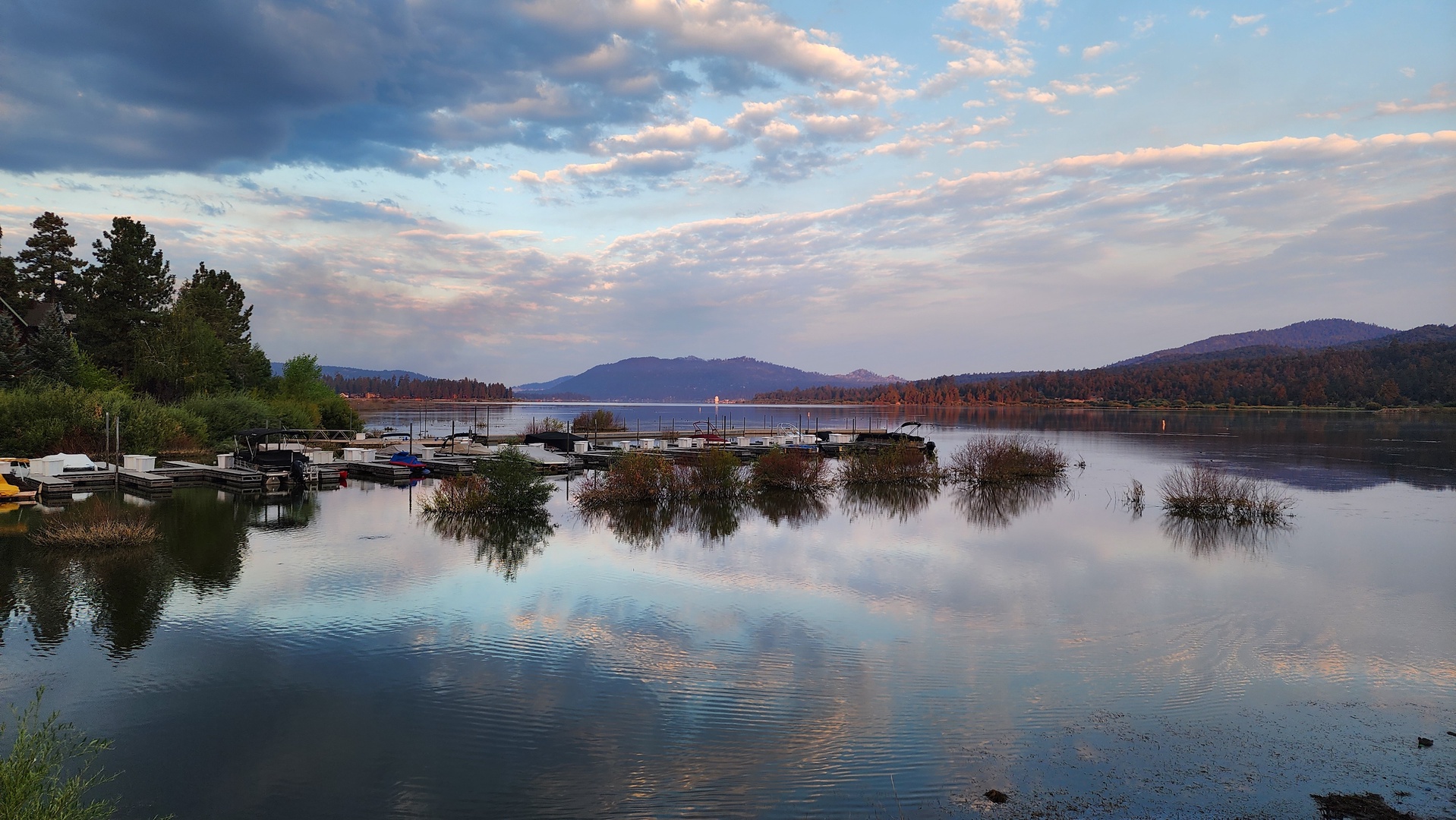 Boats docked on the lake