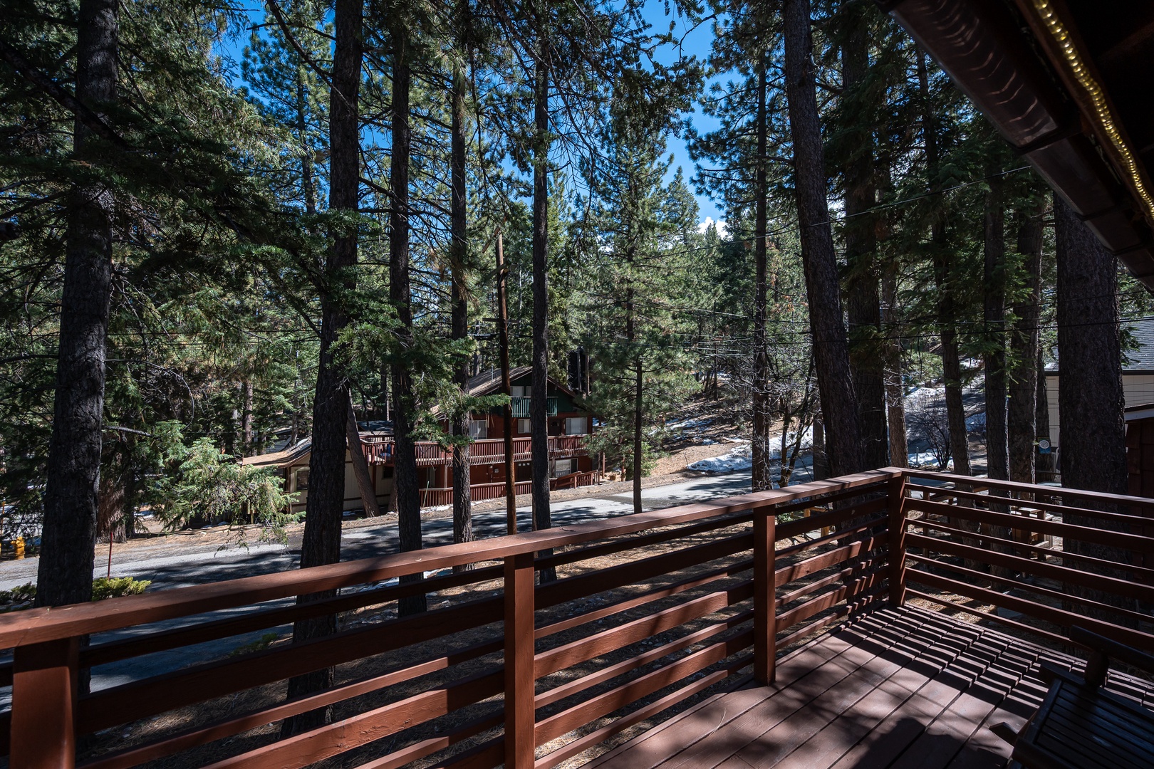 A private deck overlooking towering pines and neighboring cabins, offering a peaceful mountain retreat setting framed by natural forest beauty under clear blue skies.