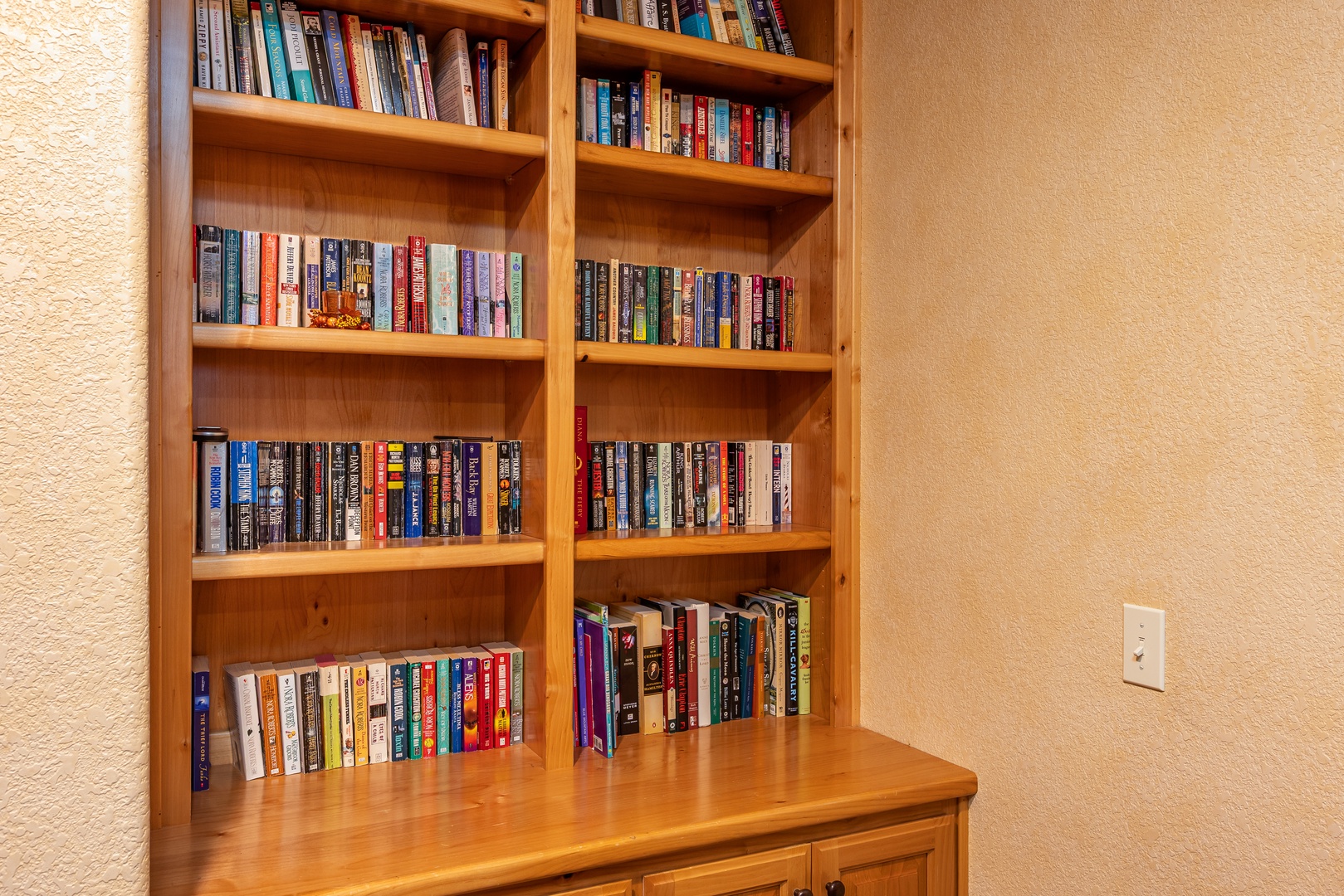 Cozy up with a good book from your personal library collection, featuring shelves filled with novels and reads for every mood.