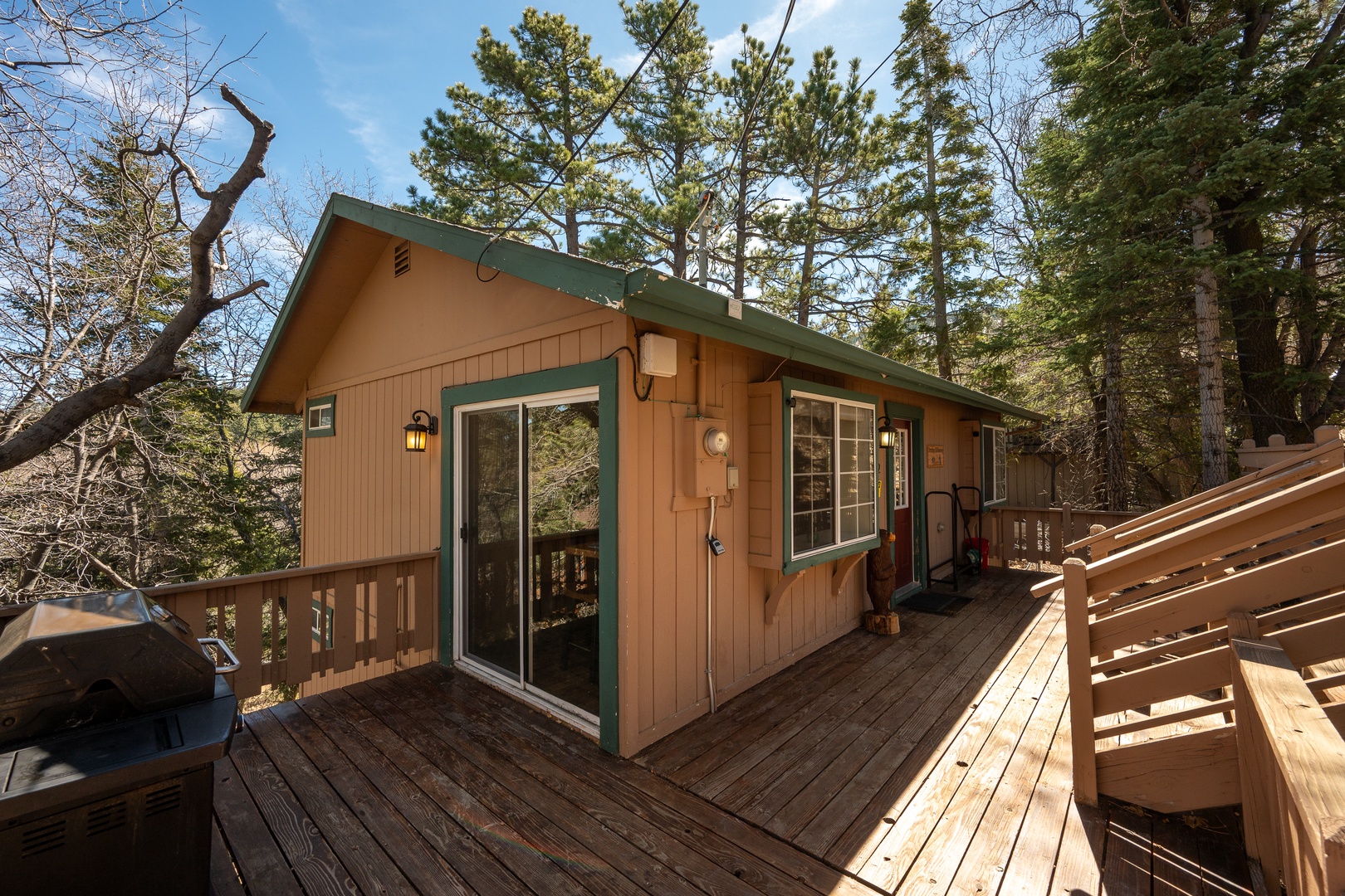 Charming cabin nestled among towering pines with spacious wooden deck for relaxing in nature's embrace.