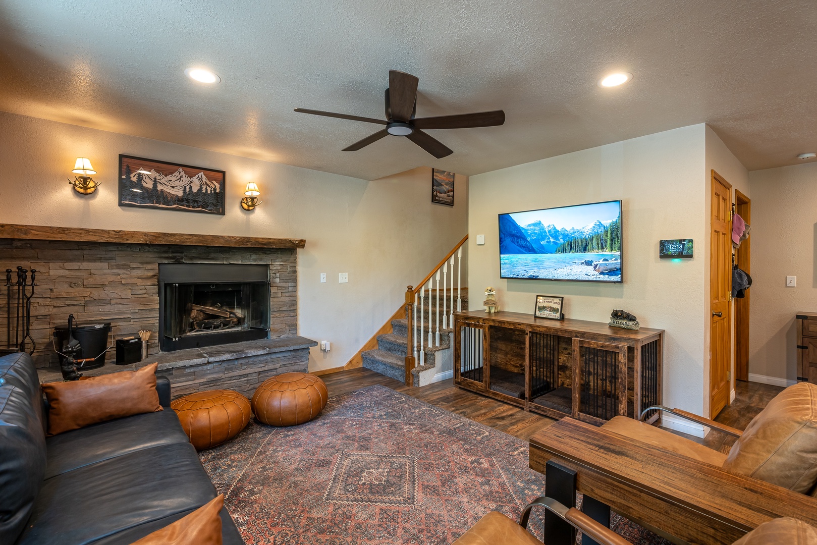 Unwind in your cozy living space with a stunning stone fireplace, rustic wood accents, and plush leather seating. Watch your favorite shows on the large flat-screen TV while staying comfortable year-round.