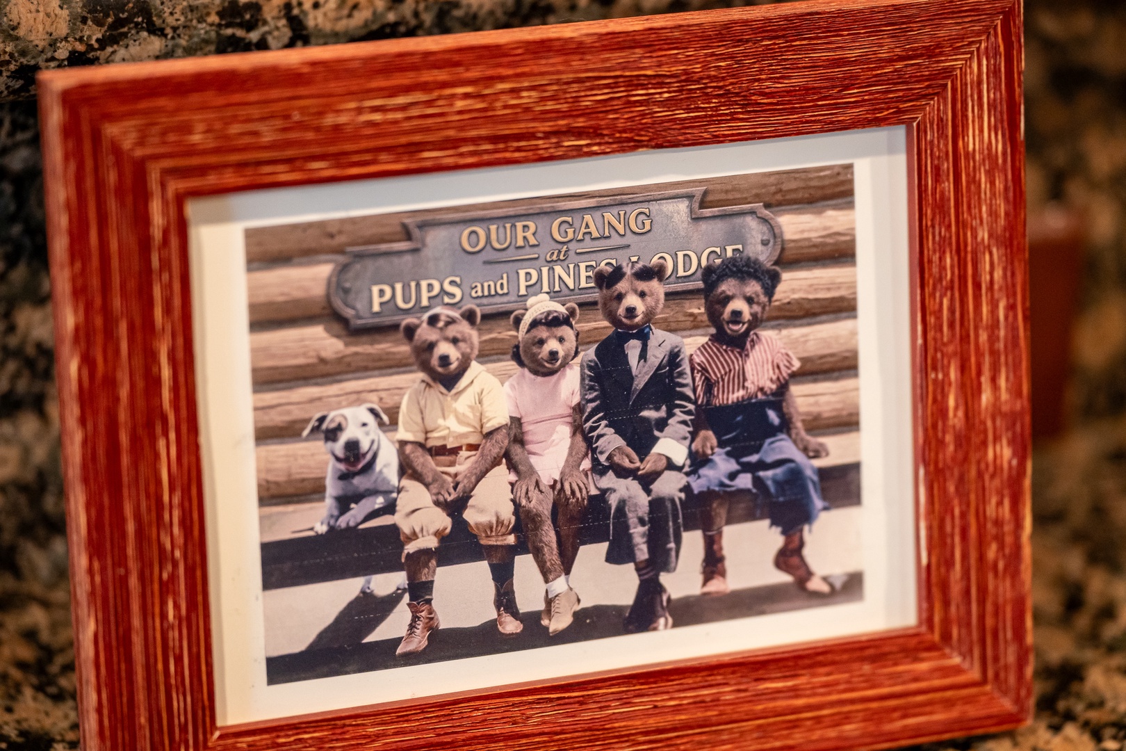 A charming framed photo reading 'Our Gang at Pups and Pine Lodge' featuring vintage-style dressed animal characters adds a whimsical, welcoming touch to your mountain retreat's rustic décor.