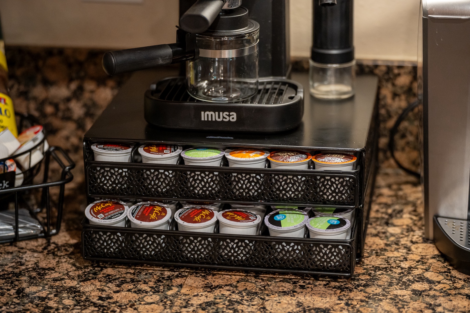 Start your mornings with barista-quality coffee. Your espresso machine and carefully organized selection of pods await, making it effortless to craft your perfect cup whenever you like.