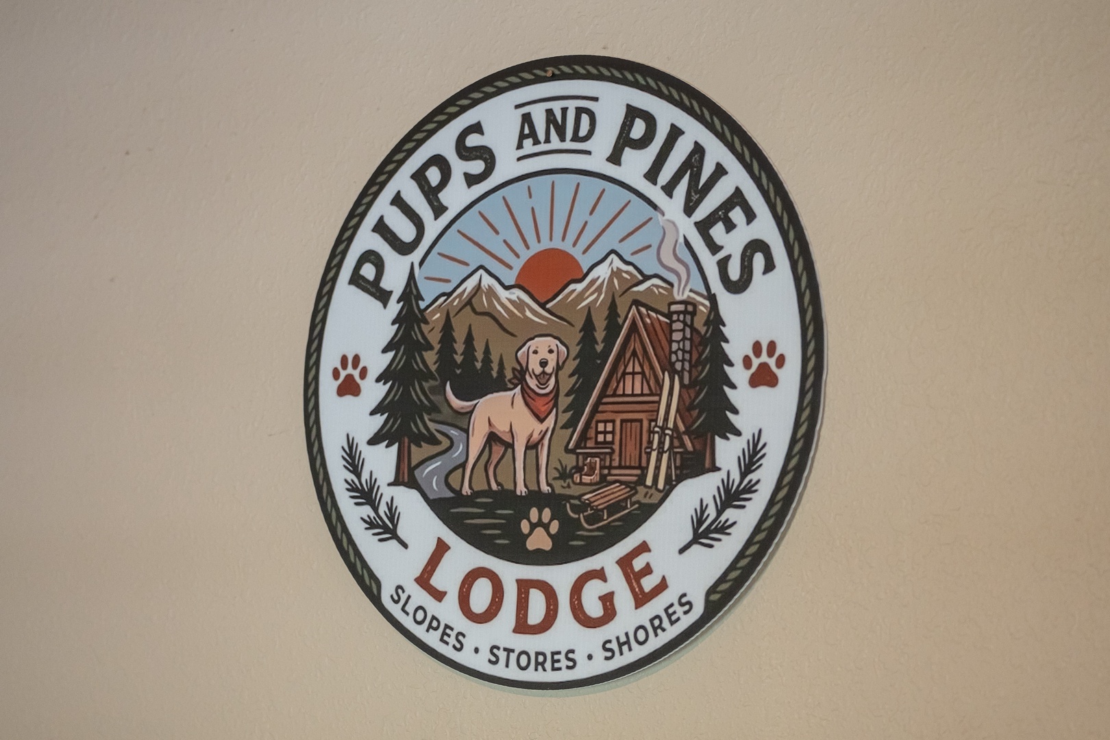 The Pups and Pines Lodge features a charming cabin setting with mountains, pine trees, and a welcoming dog emblem, signaling a pet-friendly retreat.