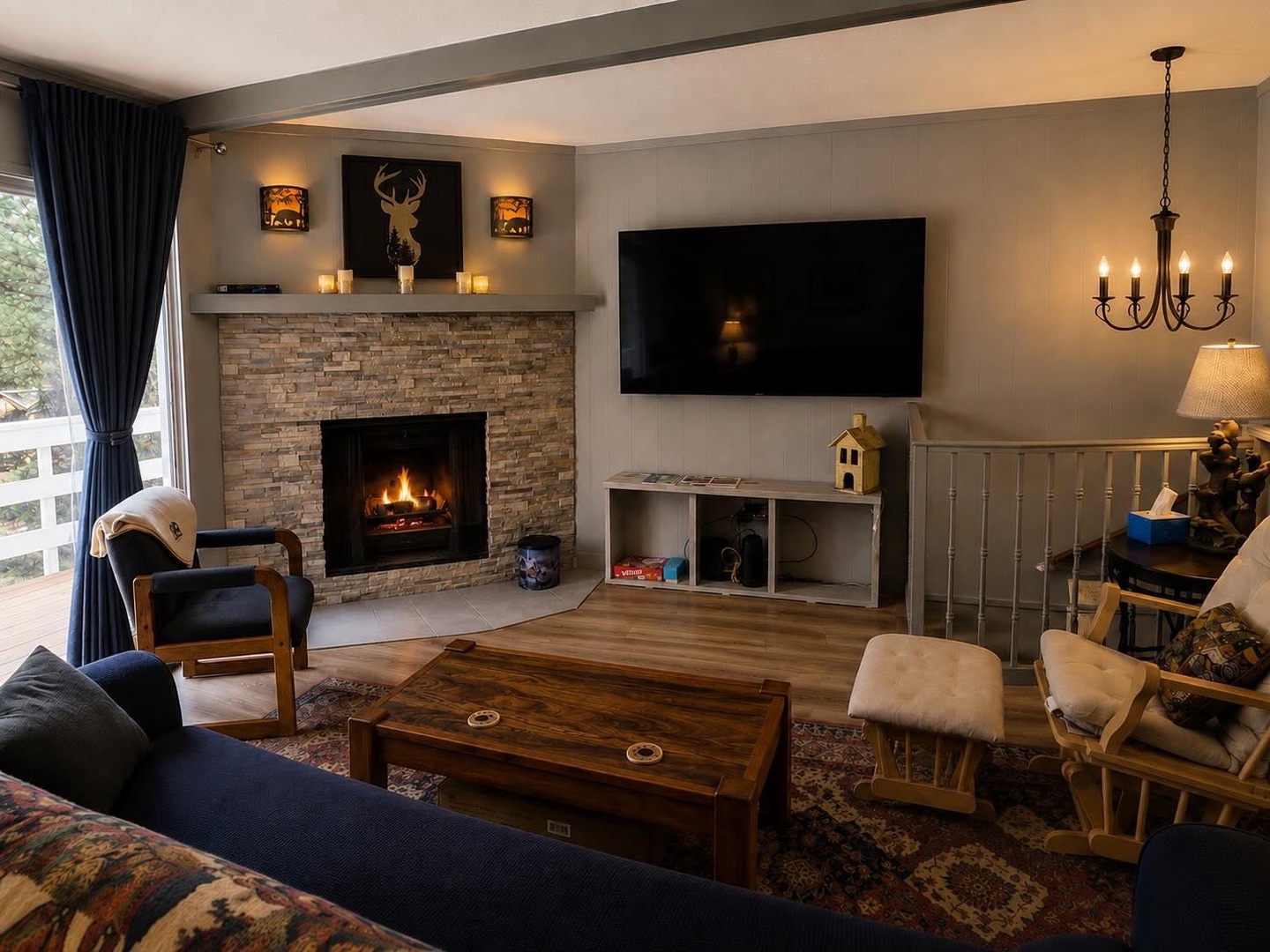 Cozy up by the crackling fireplace! Have a drink in hand - hot cocoa or wine? Or.....?