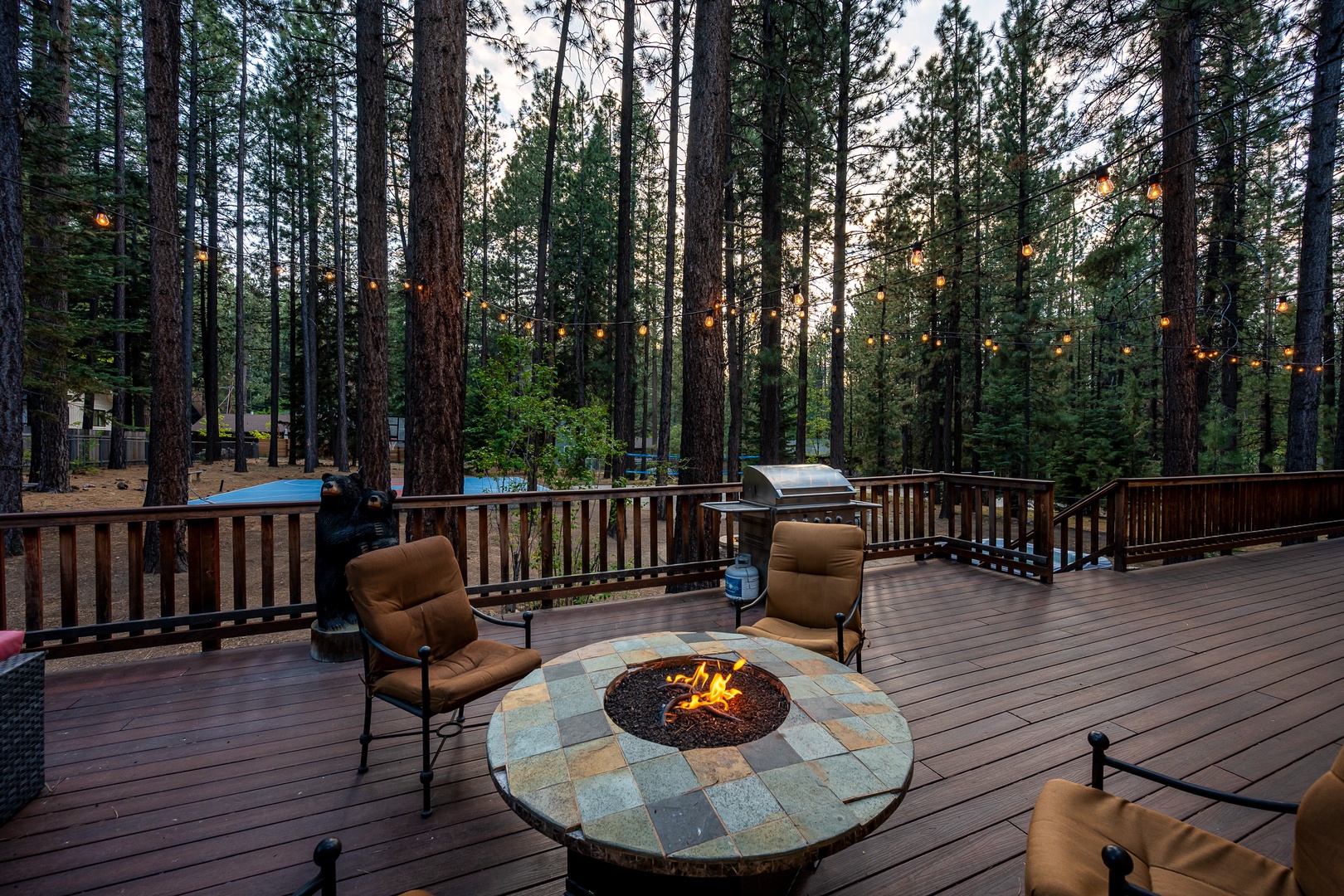 Gather around your private fire pit on this spacious deck, surrounded by towering pines and twinkling lights. Perfect evenings start here—grilling under the stars.