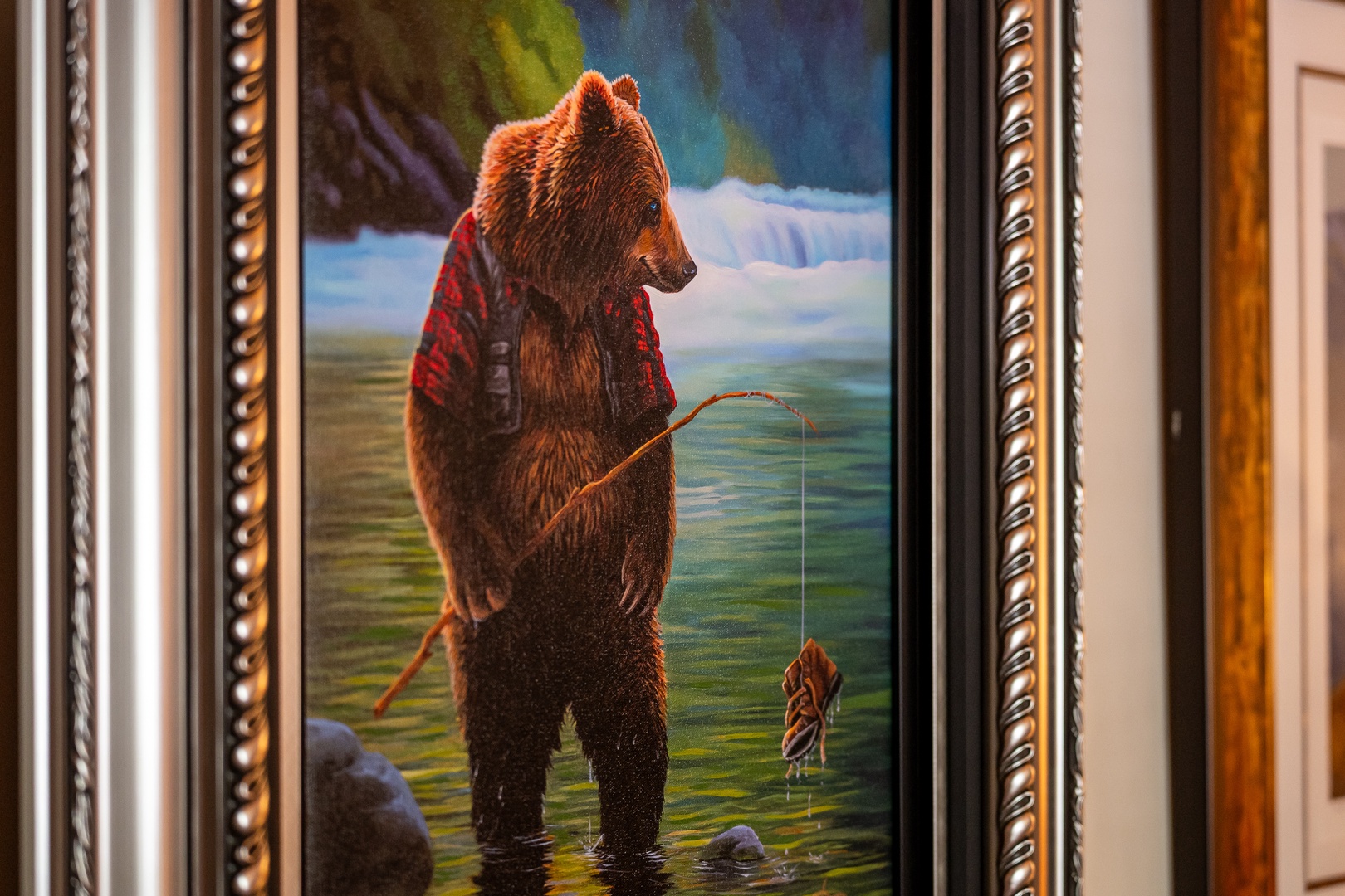 Admire this charming bear fishing artwork that adds whimsical character to your cozy retreat.