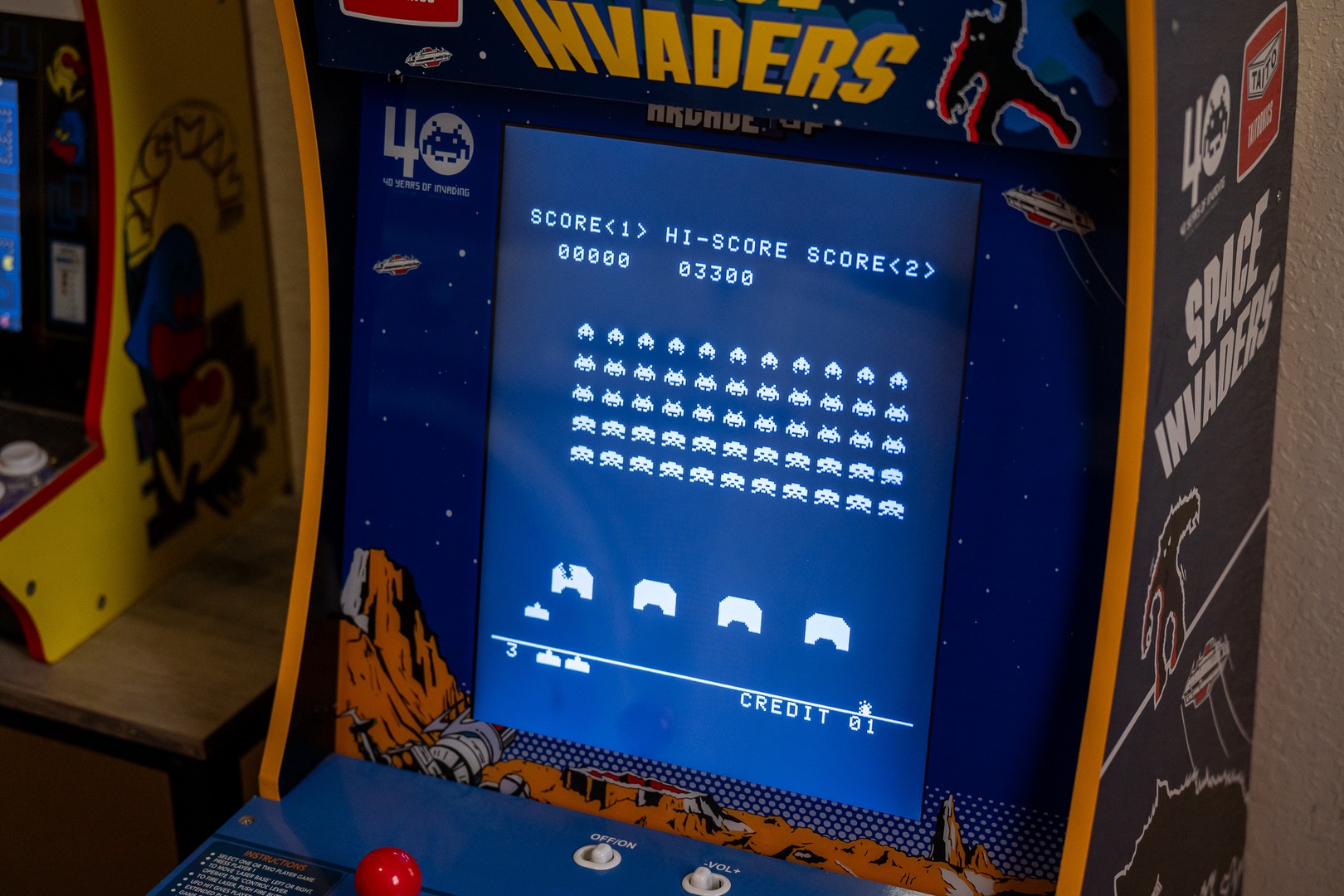 Classic Space Invaders arcade game ready for your next turn. Challenge yourself to beat the high score and relive nostalgic gaming moments.
