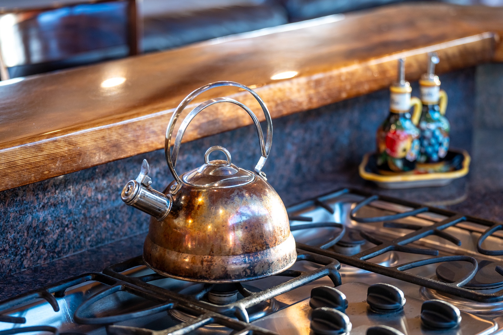 Start your mornings with warm tea brewed in this charming copper kettle, perfectly placed on your fully equipped gas stove.