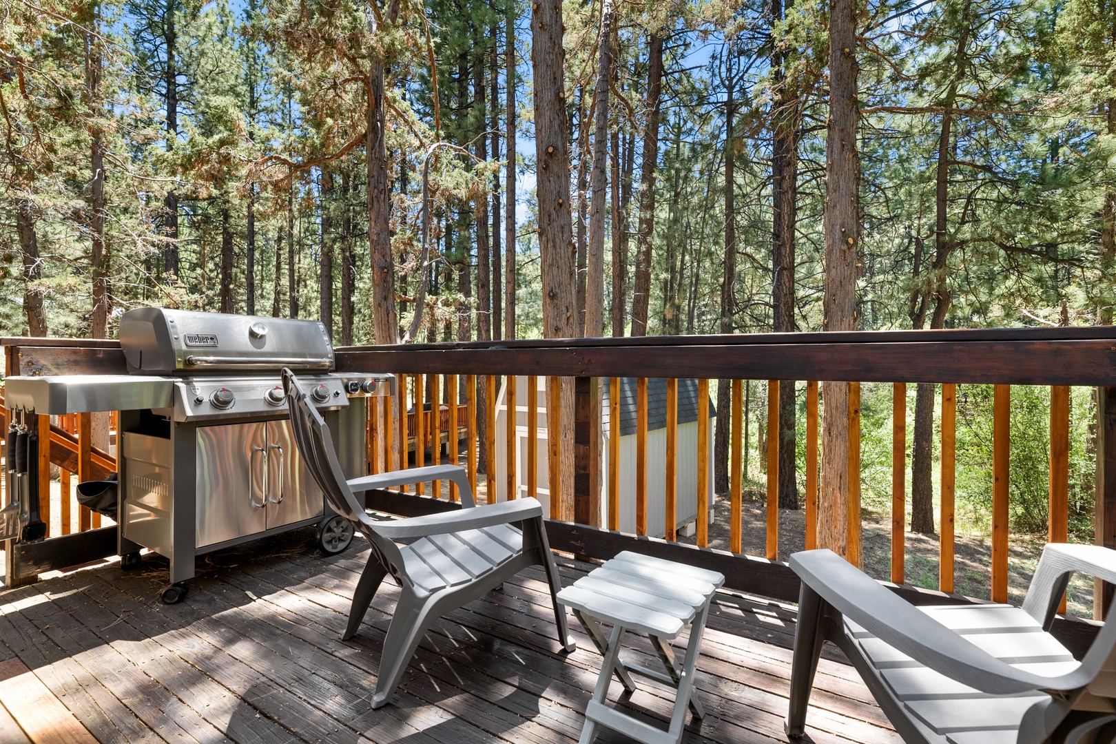 A sunny forest retreat surrounded by towering pines, featuring a spacious deck with a private gas grill and comfortable loungers—your perfect spot to unwind and soak in nature's tranquility.