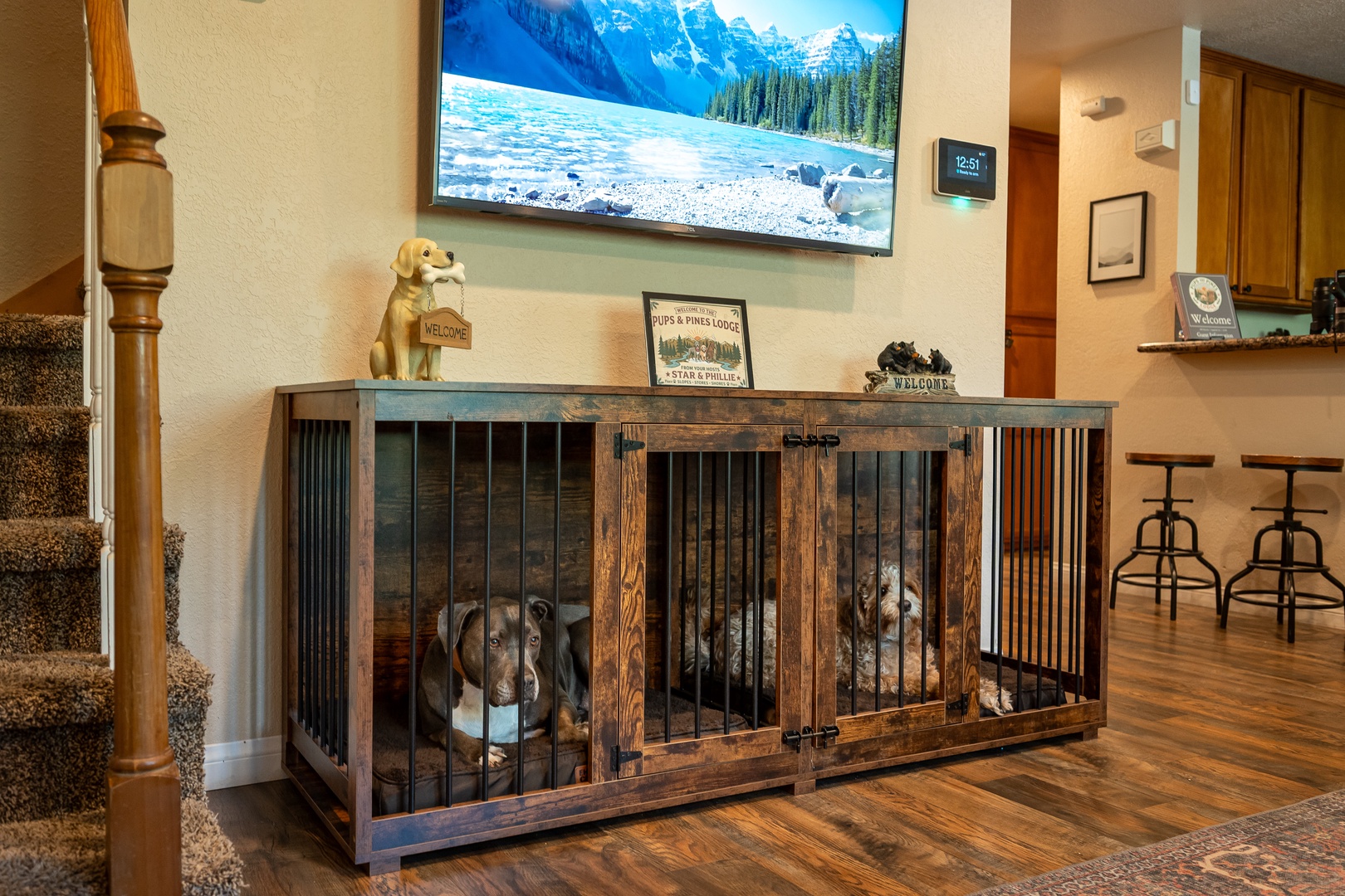 Your furry friends can relax in their own cozy kennels right in the main living area, so they're always close while you enjoy the open, pet-friendly space.