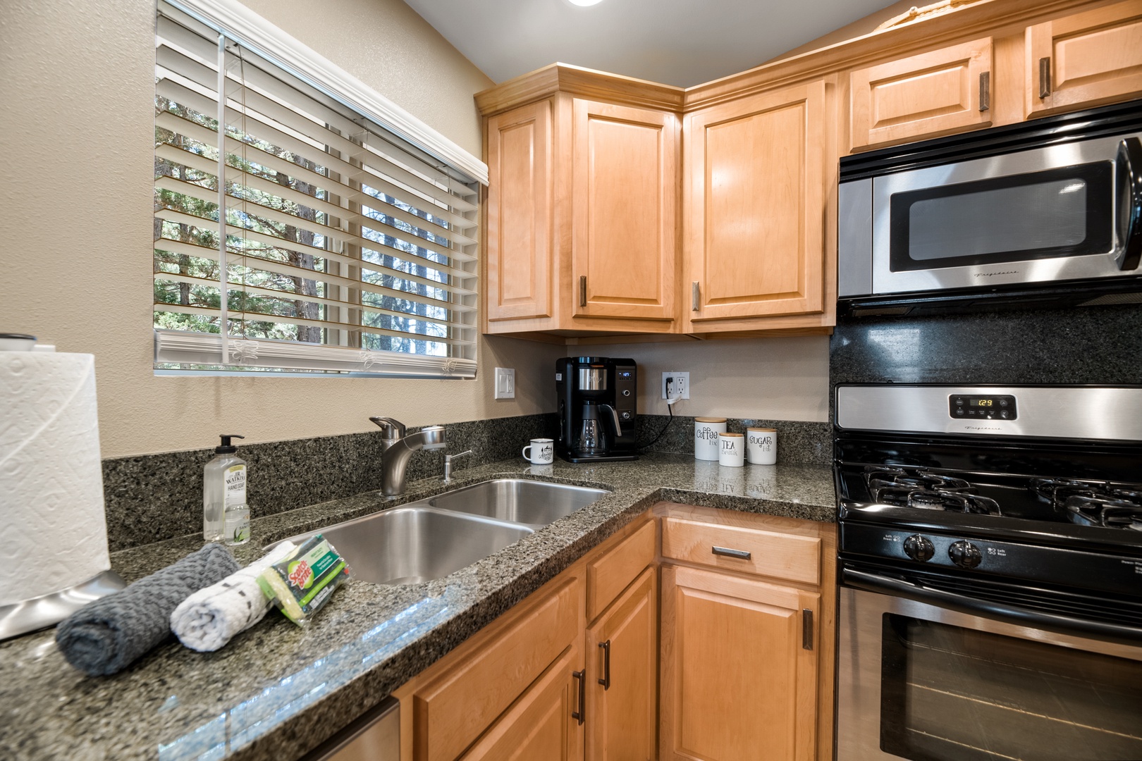 Your fully equipped kitchen offers granite countertops, stainless steel appliances, and everything you need to whip up meals just like home—including a coffee maker to start your mornings right.