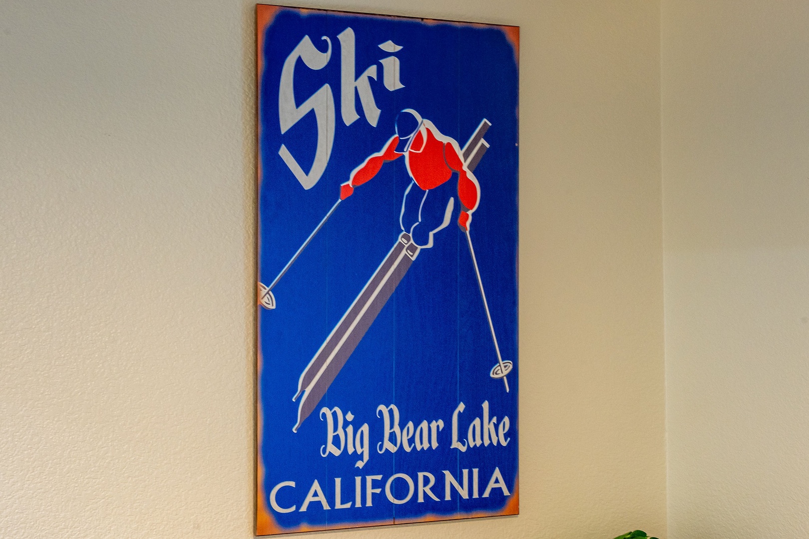 Vintage ski poster displays Big Bear Lake California, showing the area's winter sports heritage and mountain recreation history.