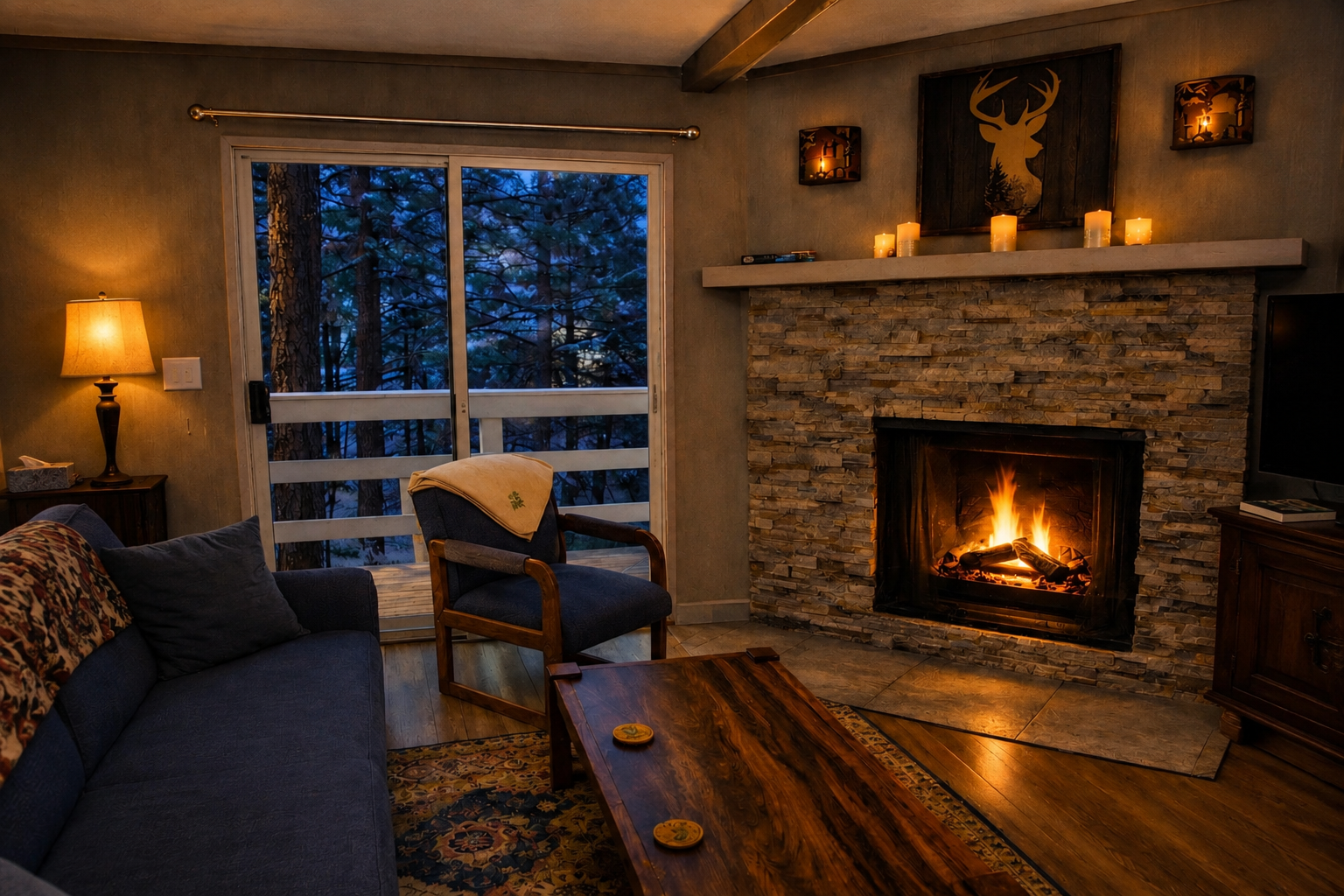 Snuggle under a blanket by the fireplace.....