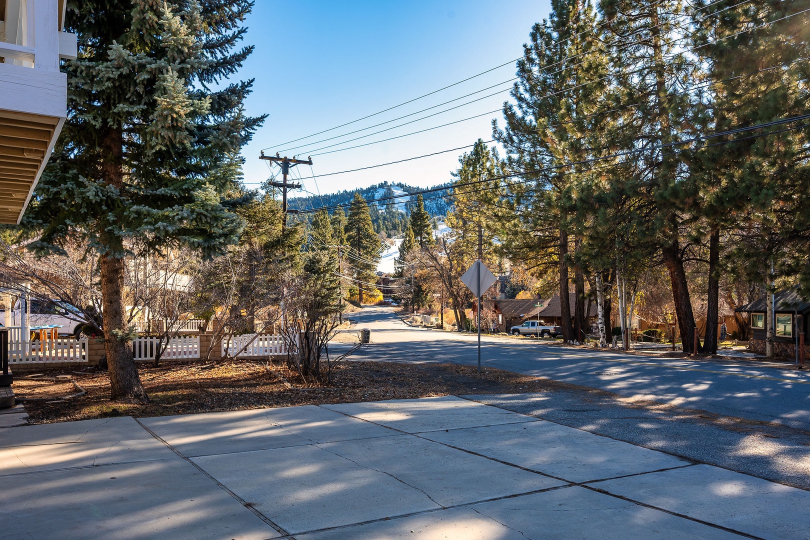 View of Bear Mountain Ski Resort along street with mature pine trees.