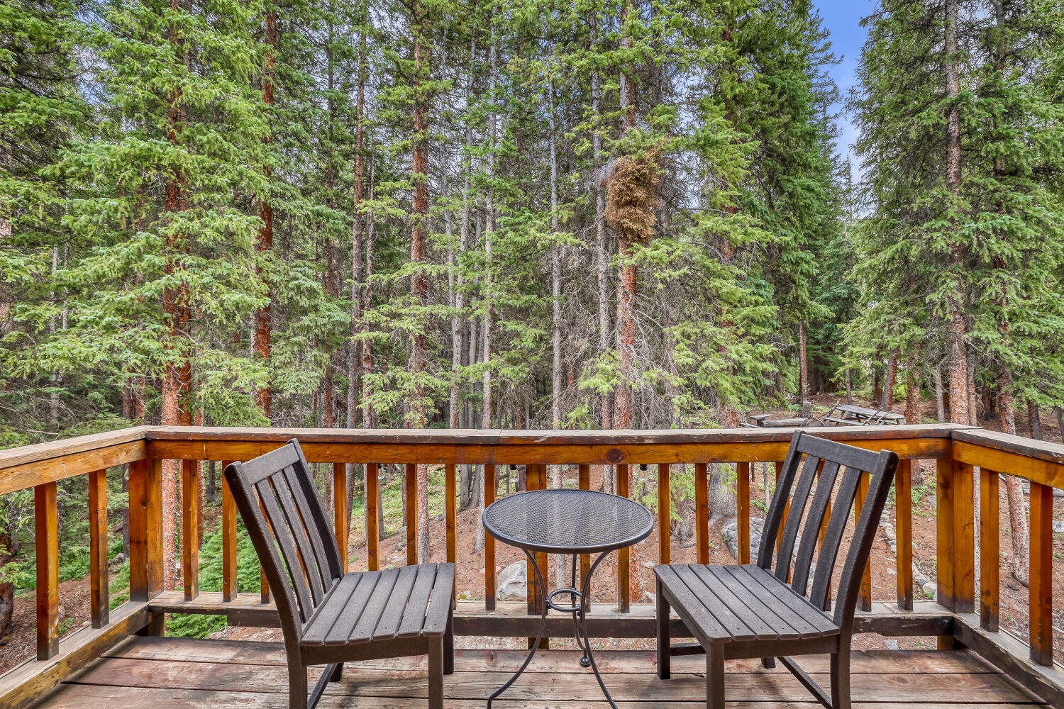 A private deck overlooking a peaceful forest setting surrounds you with towering pines and fresh mountain air, creating a serene retreat for your morning coffee or evening relaxation.