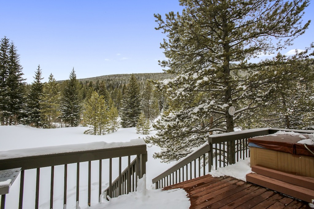 Snow-covered deck with hot tub overlooking a pristine winter forest landscape surrounded by towering evergreens.