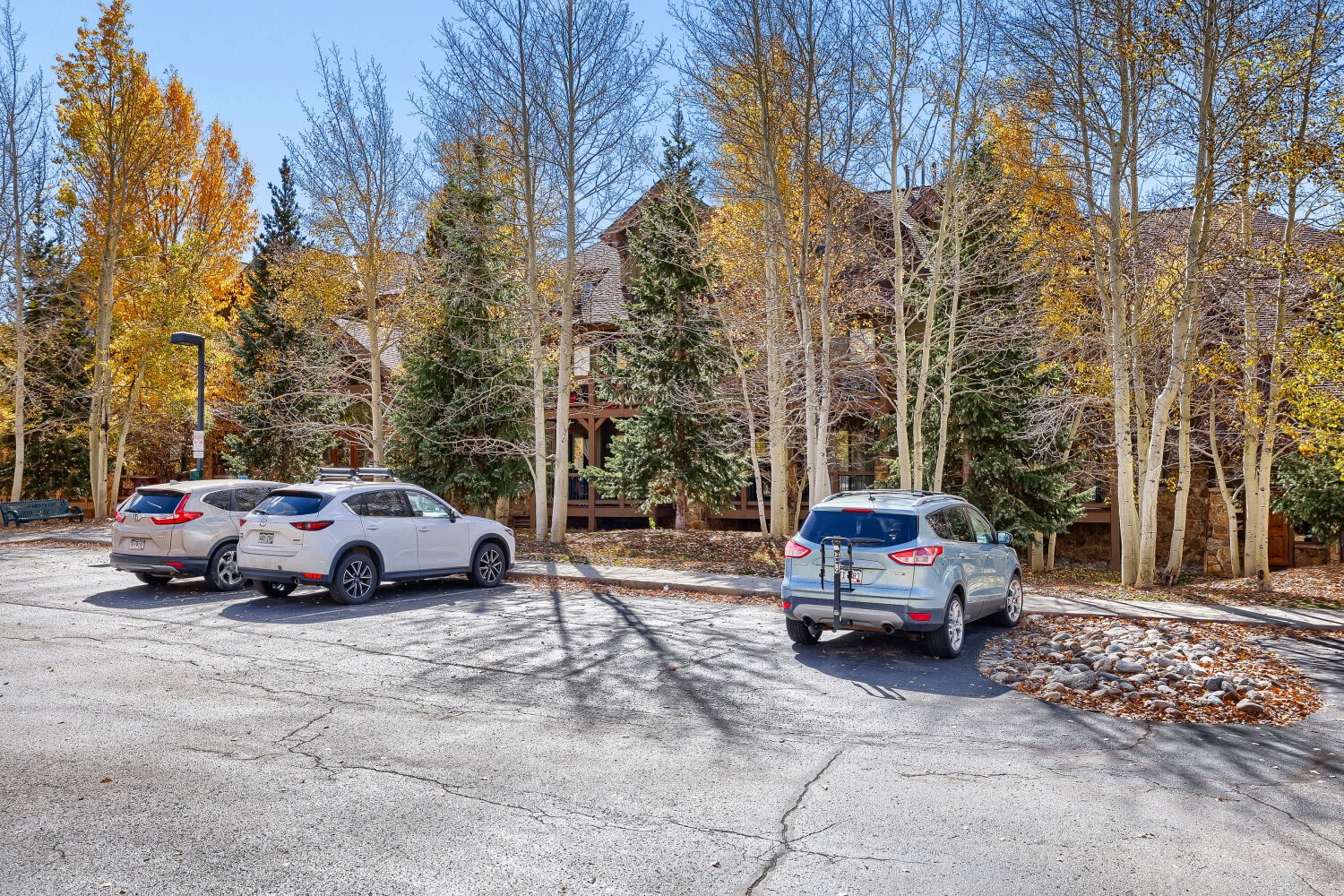 Charming property entrance surrounded by golden autumn foliage and mature pines, with convenient on-site parking just steps from the building.
