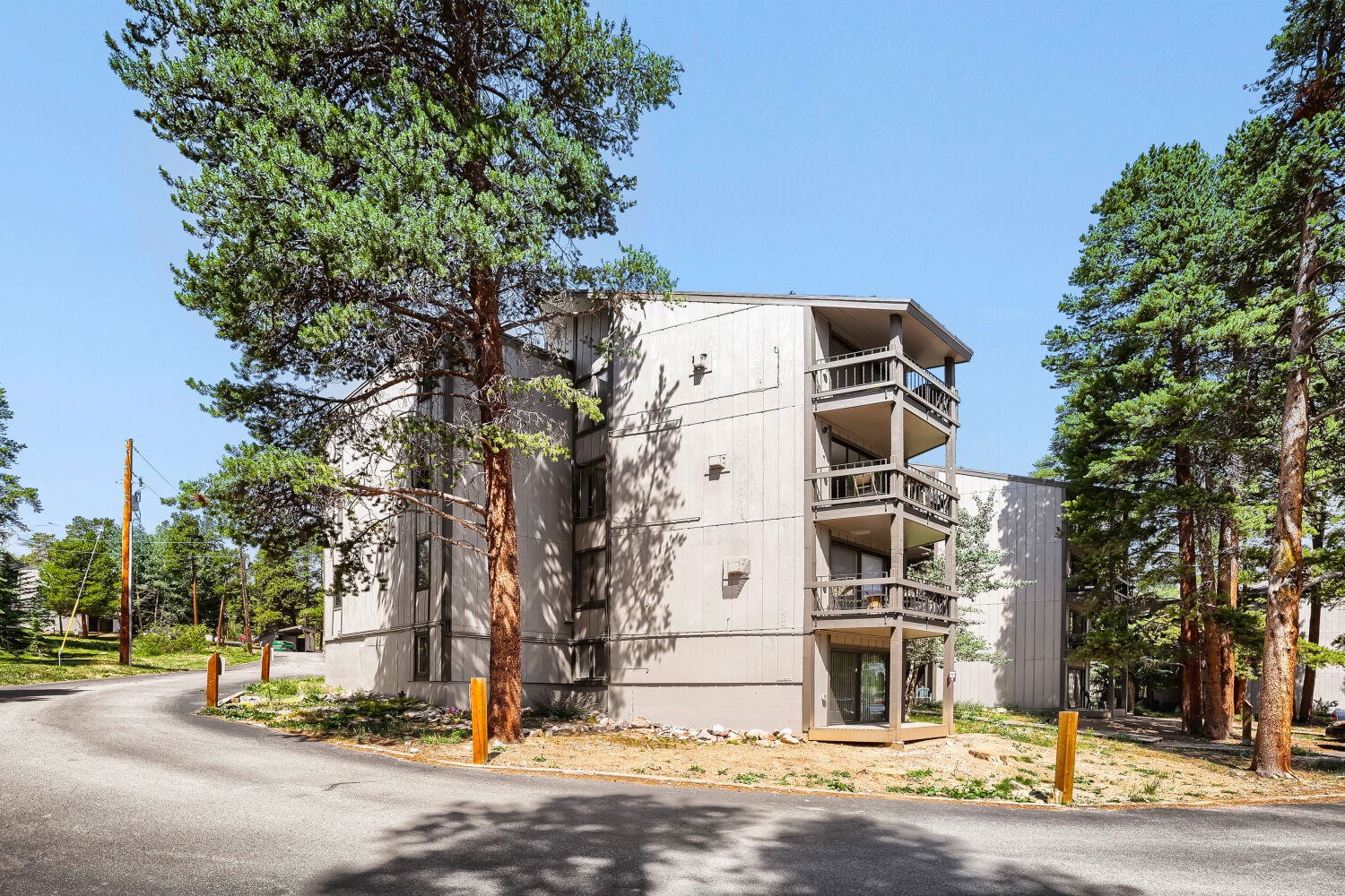 Modern multi-level vacation property nestled among tall pines, featuring private balconies and convenient street access in a peaceful forested setting.