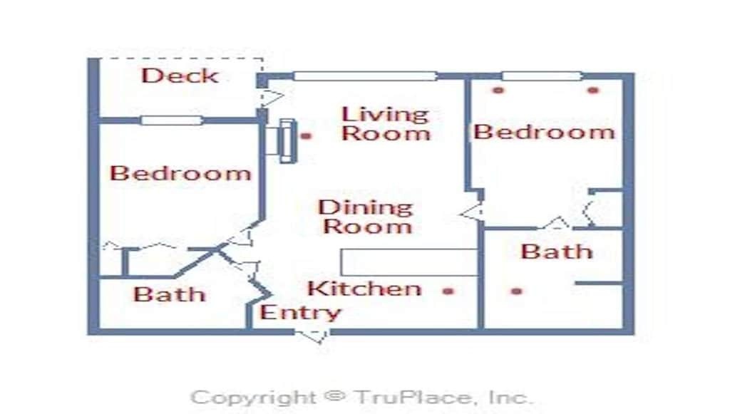 Floor plan shows a spacious two-bedroom layout with dual baths, full kitchen, and private deck for your comfort.