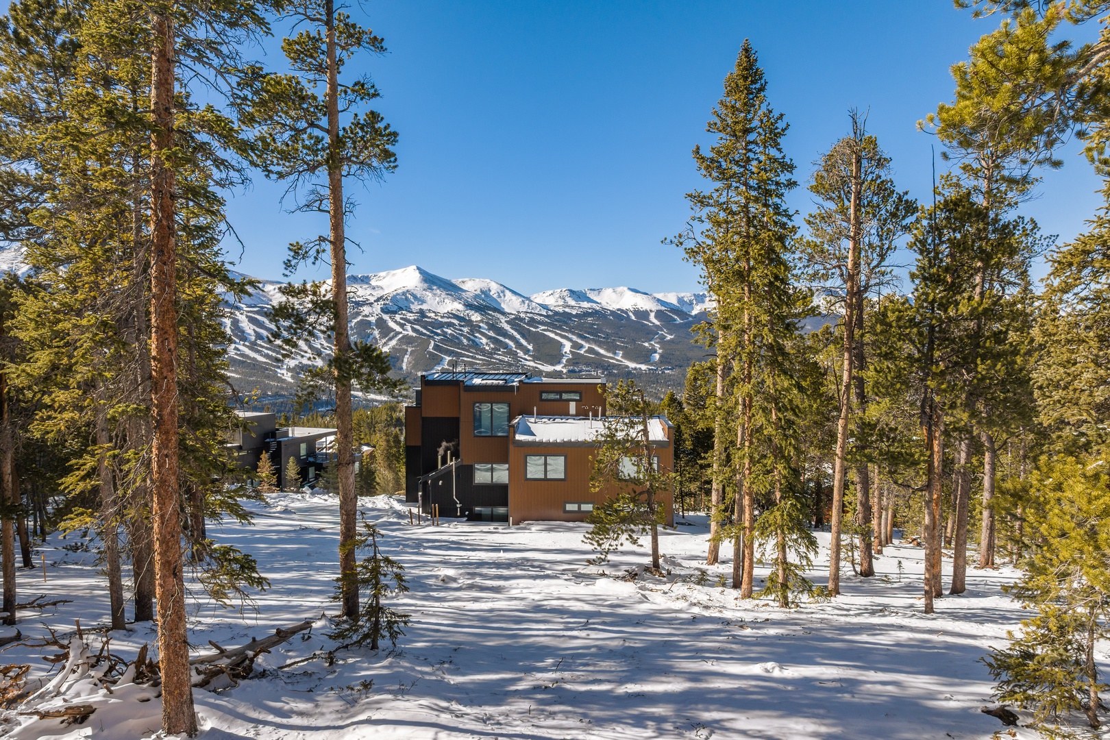 Modern mountain retreat nestled among snow-covered pines with stunning ski resort views in the pristine winter landscape.