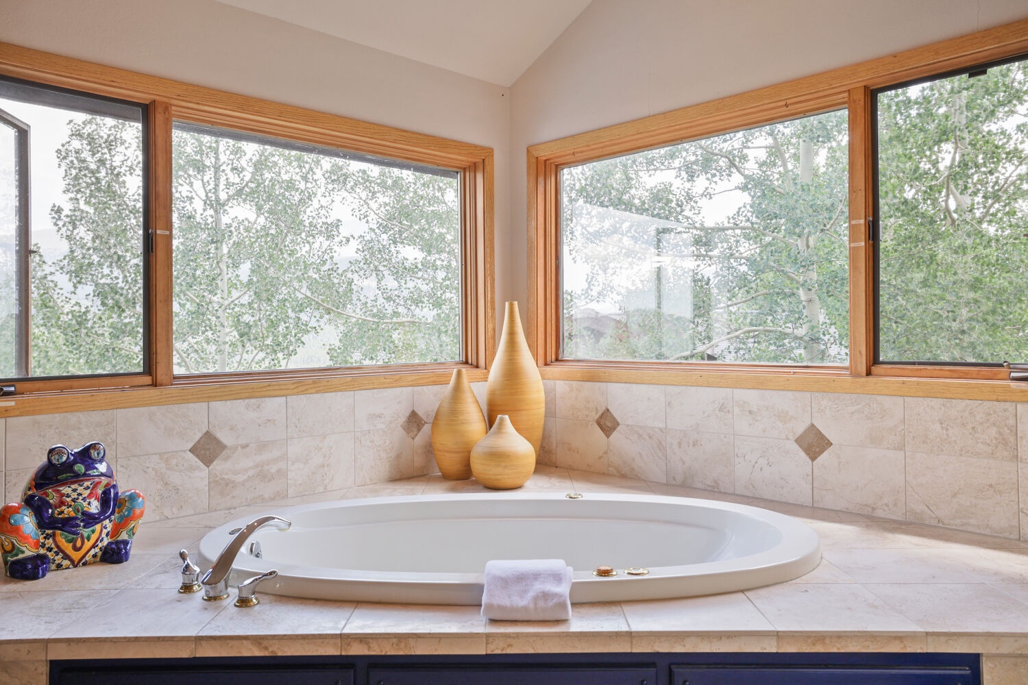 Sink into the spa tub surrounded by aspen trees and soft natural light streaming through the oversized windows. Fresh towels are ready for your retreat.