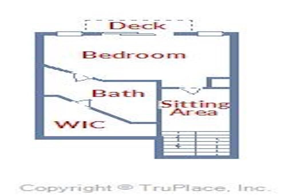 Clear layout showing your private bedroom, bathroom with WIC, cozy sitting area, and outdoor deck access.