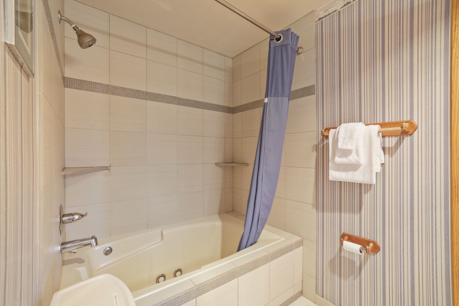 Unwind in your private spa-like bathroom, featuring a jetted tub and overhead rainfall shower—perfectly designed for deep relaxation after a day of adventure.