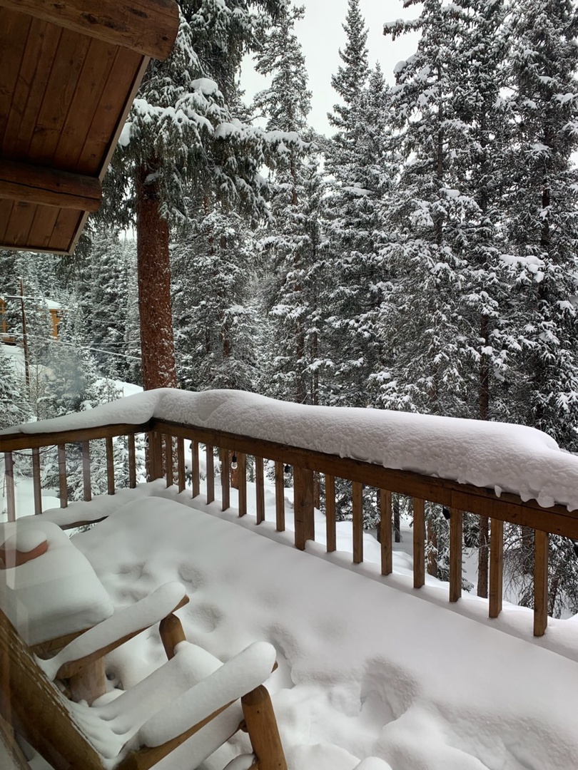 A fresh blanket of snow transforms the surrounding forest into a serene winter landscape. The private deck offers a peaceful retreat amid towering evergreens.