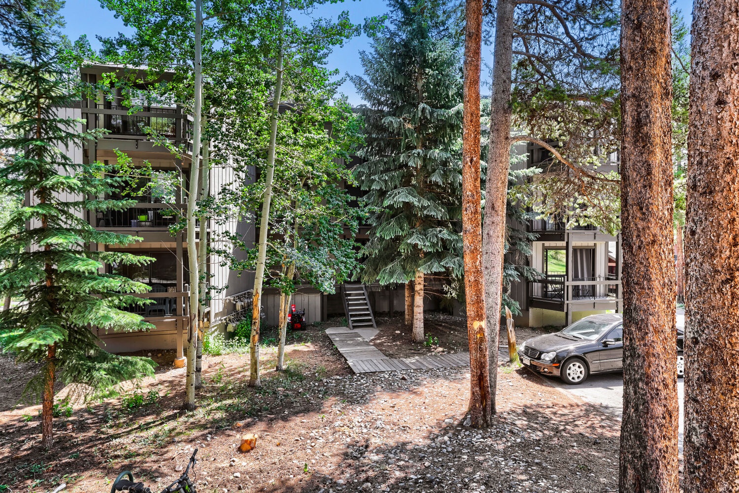 A modern mountain retreat nestled among towering pines and aspens, offering secluded parking and a tranquil forest setting.