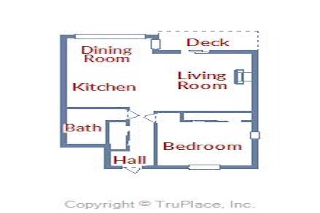 This spacious floor plan shows your one-bedroom retreat with full kitchen, dining area, living room, and private deck for outdoor relaxation.