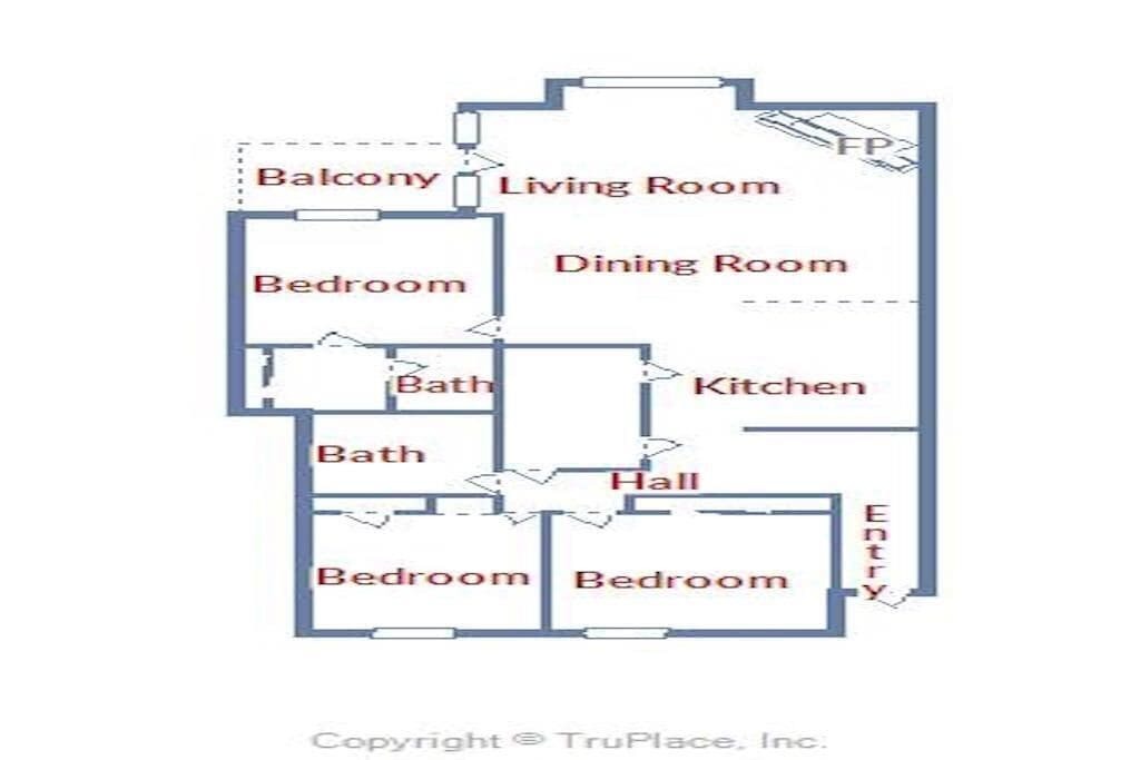 Spacious floor plan shows your home layout with three bedrooms, two baths, kitchen, dining and living areas plus balcony access.