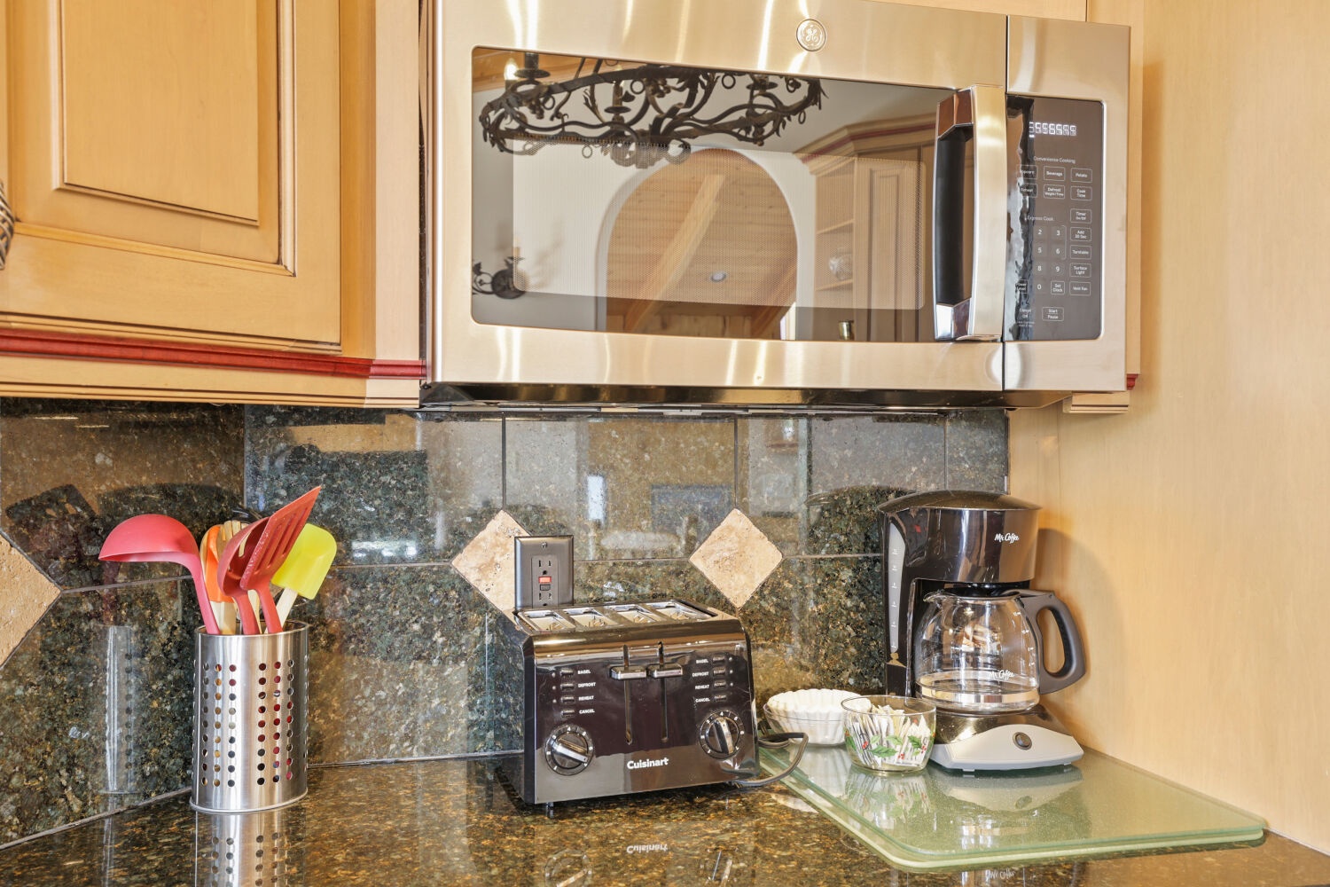 Your kitchen comes stocked with everything you need to feel at home, from a convenient microwave to a coffee maker and toaster for easy mornings.