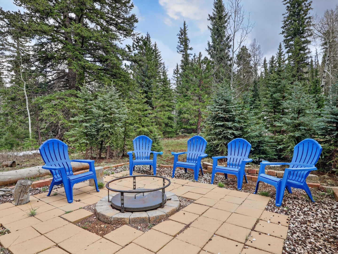 Gather around the fire pit under the pines—perfect for evenings under the stars