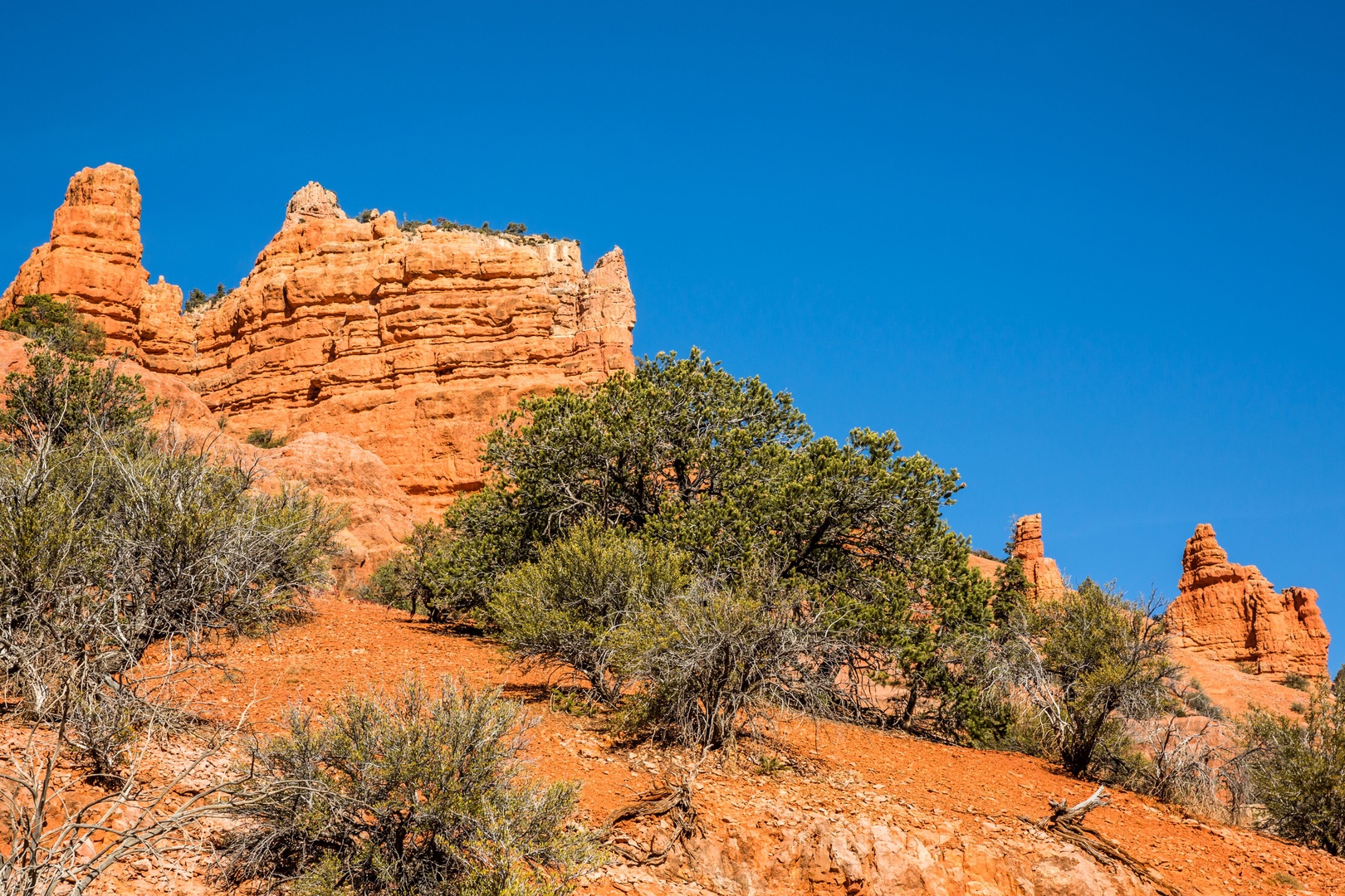 Striking red rock formations and native vegetation define the scenic desert landscape surrounding the property area.