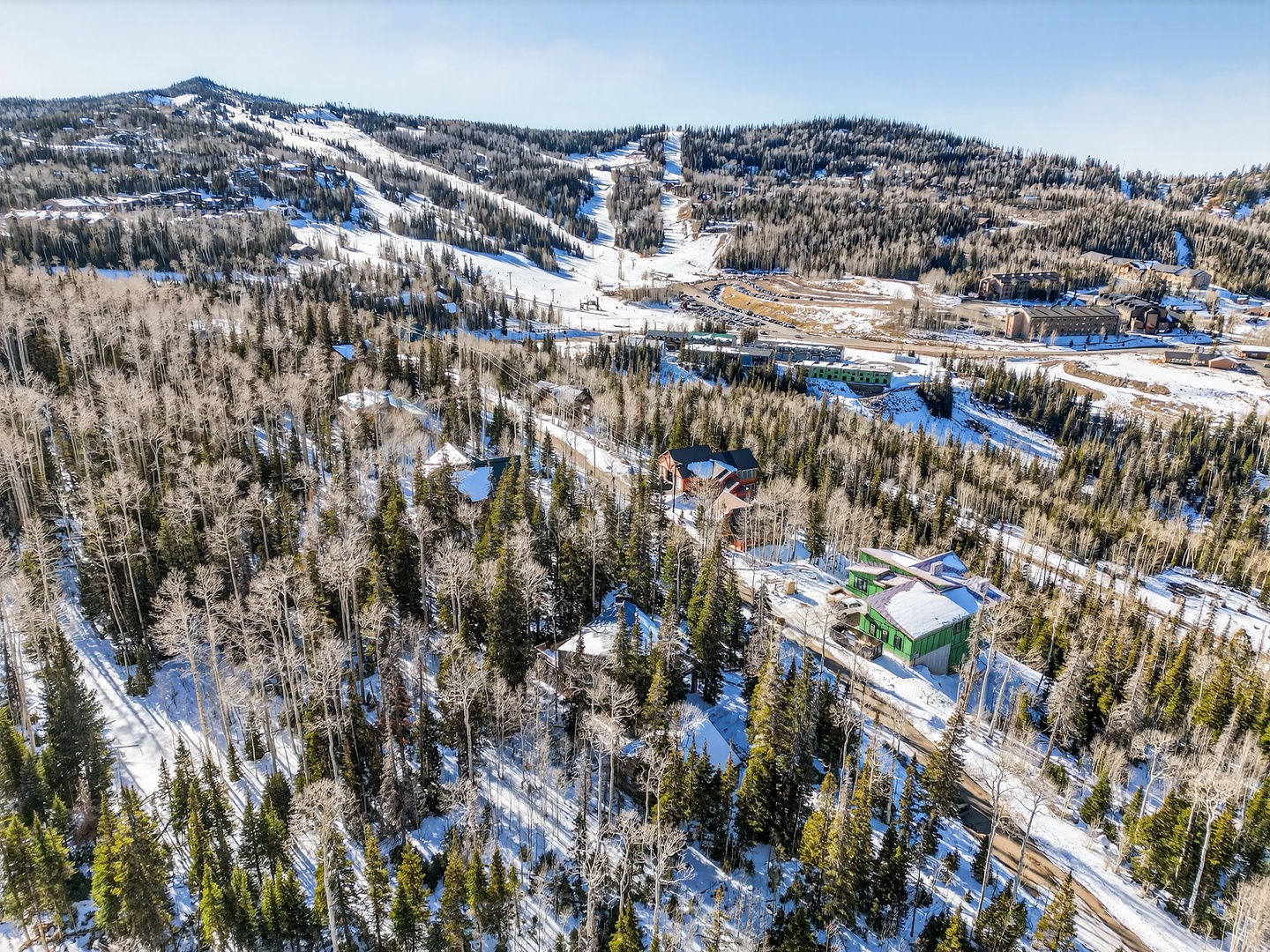 Aerial view of a winter mountain resort with ski slopes, forested hills, and lodge buildings nestled in a snowy landscape.