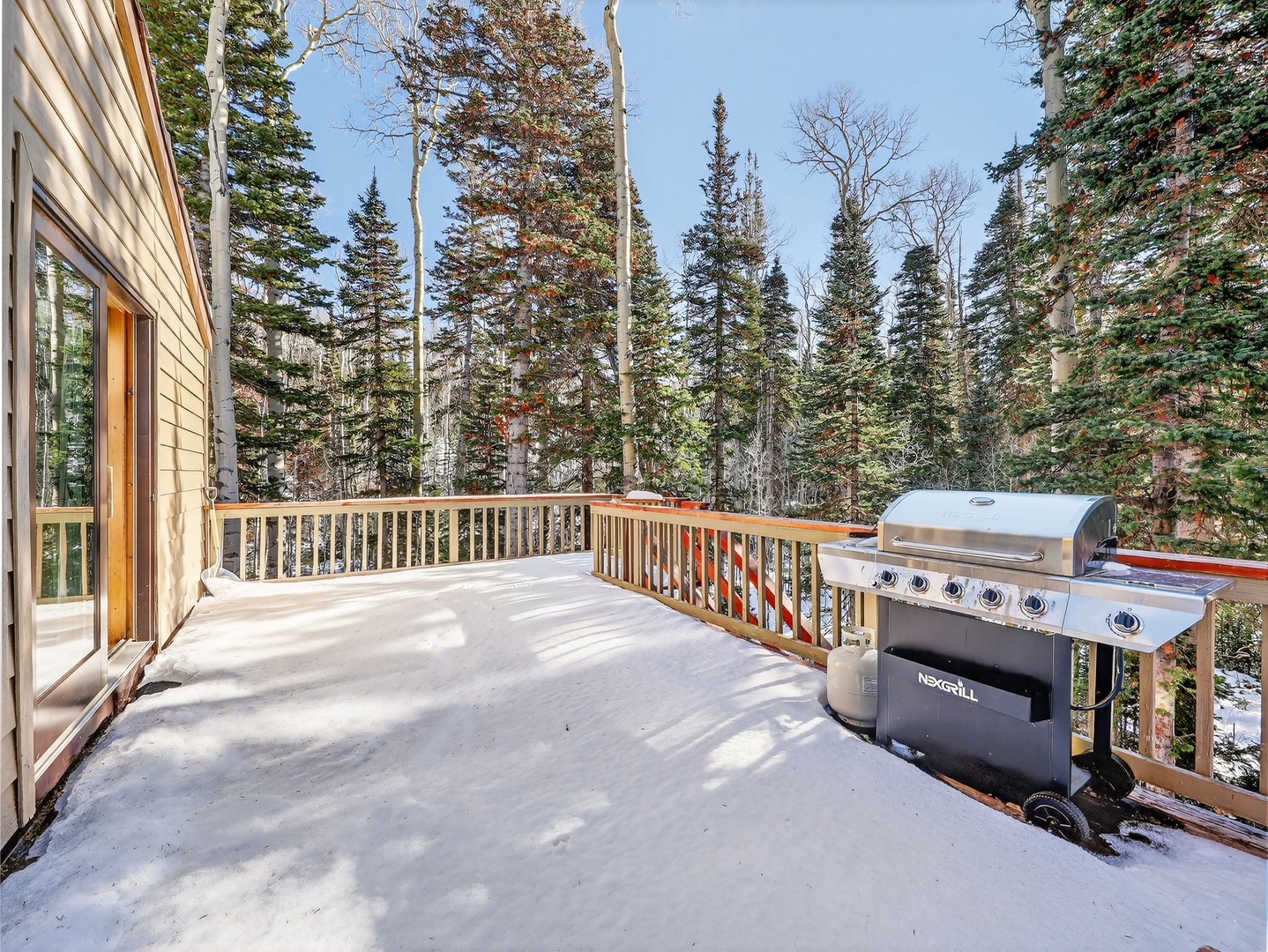 Step onto your private deck surrounded by towering evergreens, where your gas grill awaits for cozy winter cookouts amid the forest.