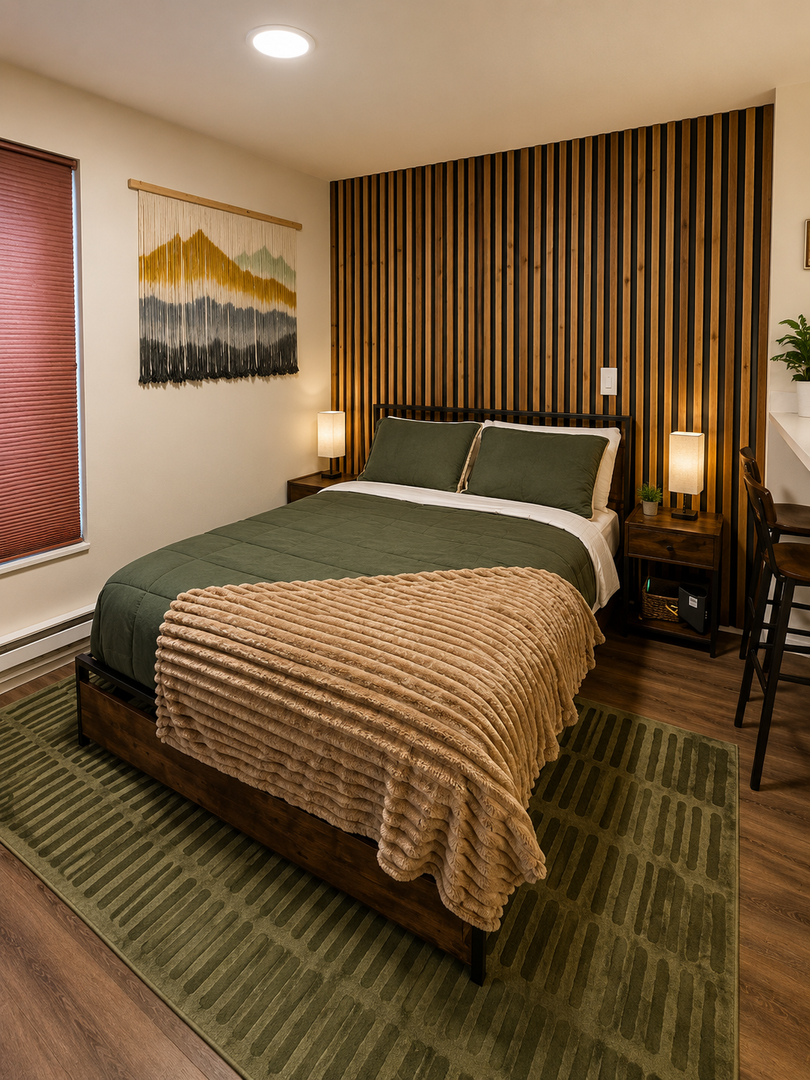 Sink into the plush bedding and wake to mountain views from your window. The open-concept space features a full kitchen and breakfast bar, perfect for cozy mornings in.