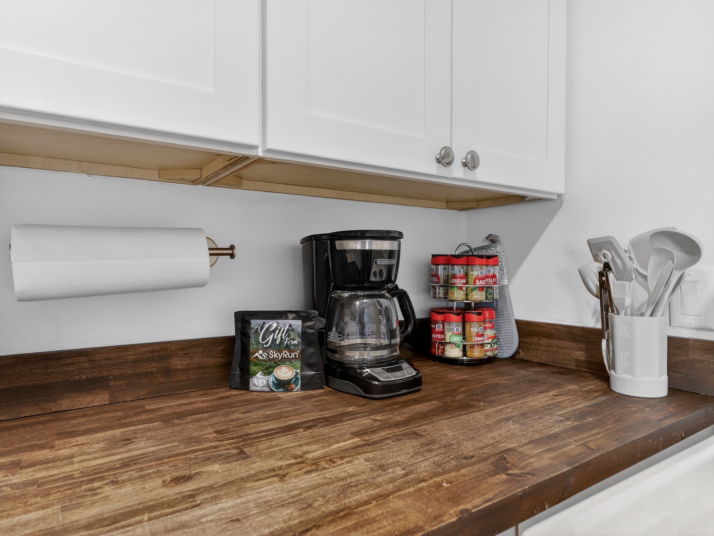 Your kitchen counter is fully equipped with a coffee maker, filters, and a spice carousel, so you can start your mornings right and add flavor to every meal.