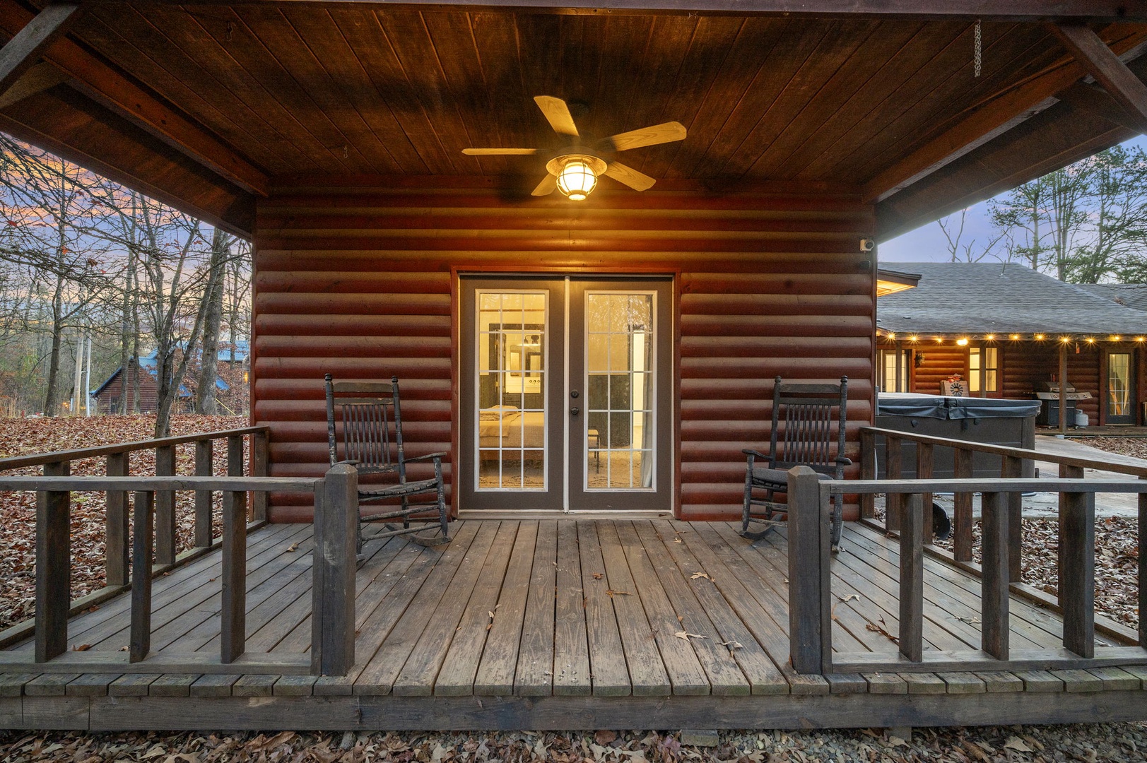 Unwind on your private deck with comfortable seating and a soothing ceiling fan overhead—your peaceful retreat awaits.