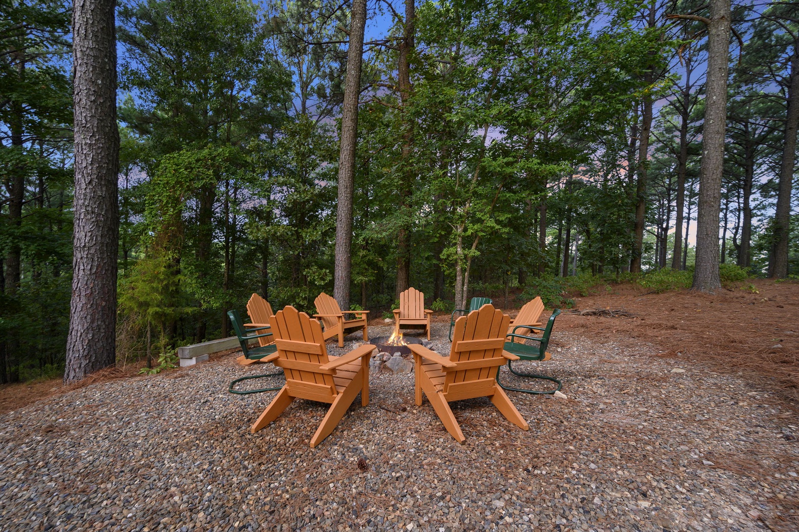 Gather around the crackling fire pit under towering pines, where comfortable Adirondack chairs await your evening stories and s'mores under the stars.